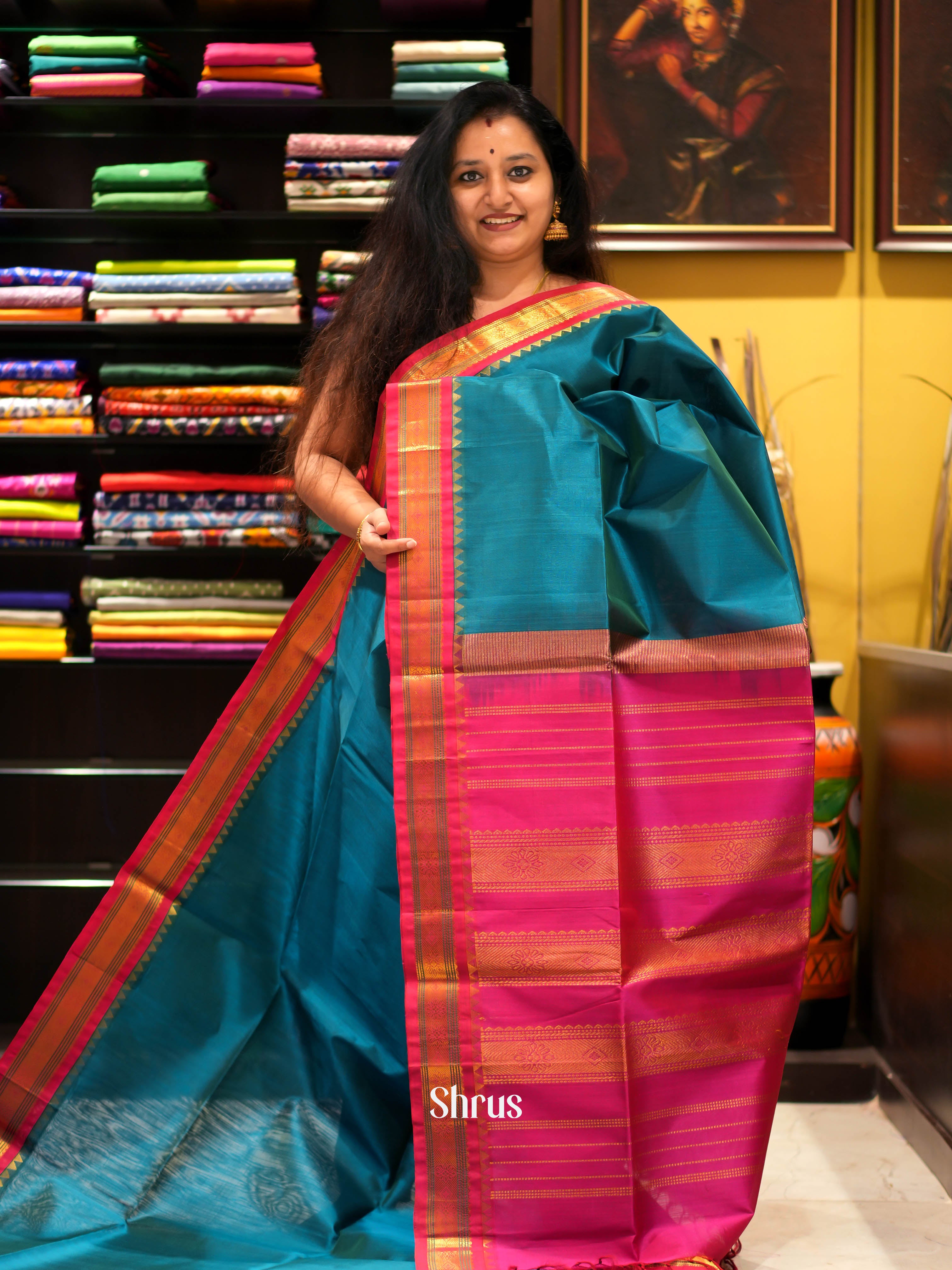 Blue & Pink - Silk Cotton Saree - Shop on ShrusEternity.com
