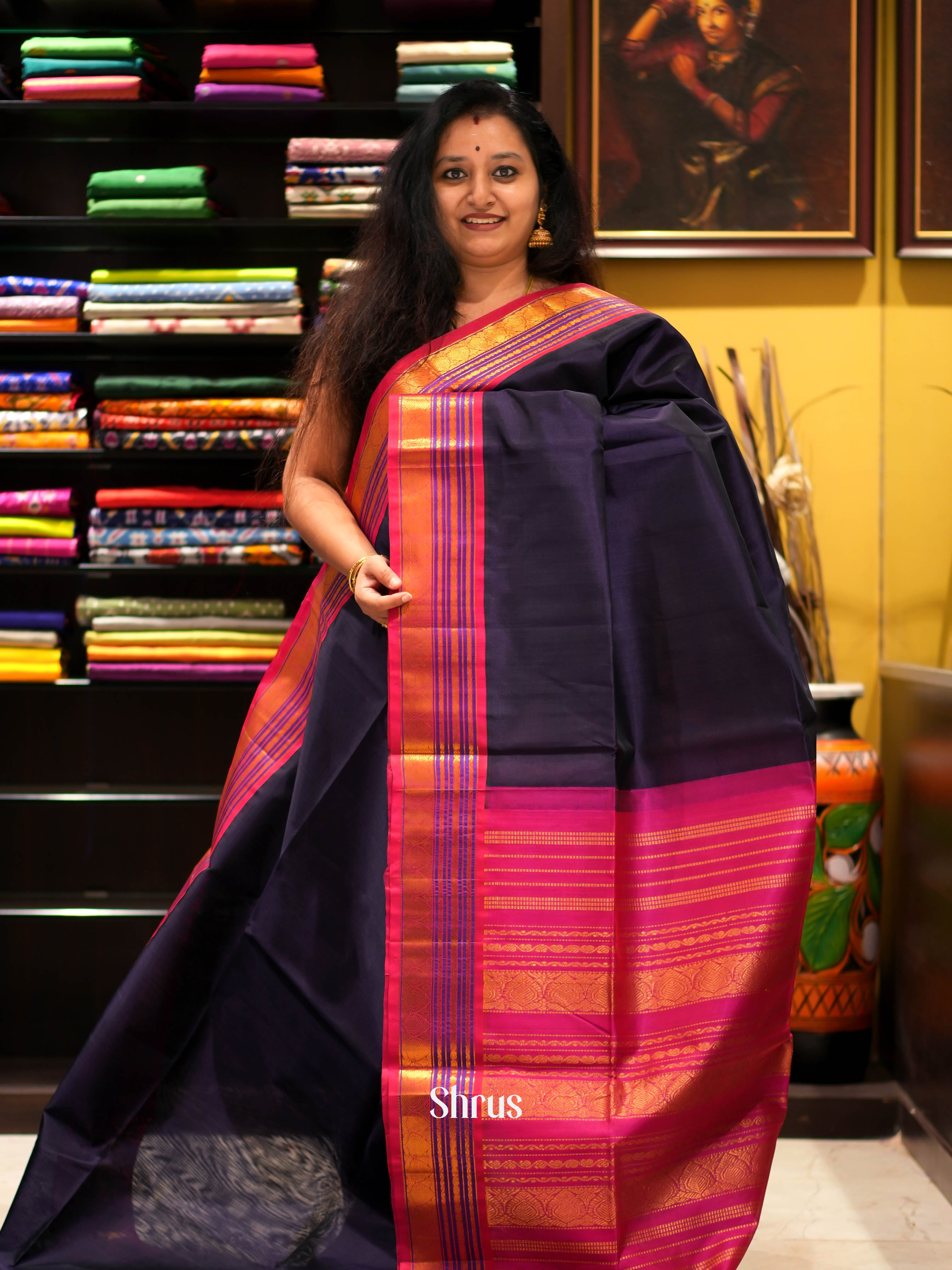 Blue & Pink - Silk Cotton Saree - Shop on ShrusEternity.com