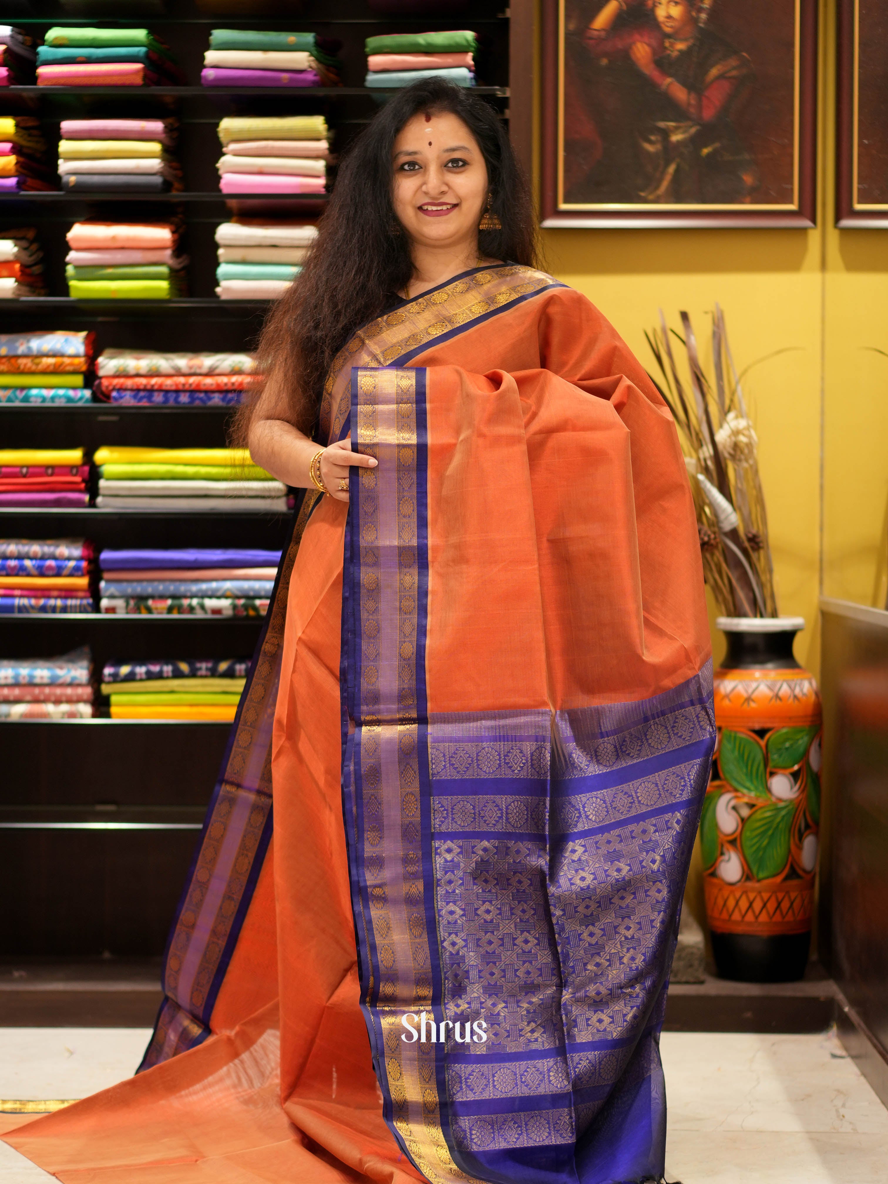 Orange & Blue - Silk Cotton Saree - Shop on ShrusEternity.com