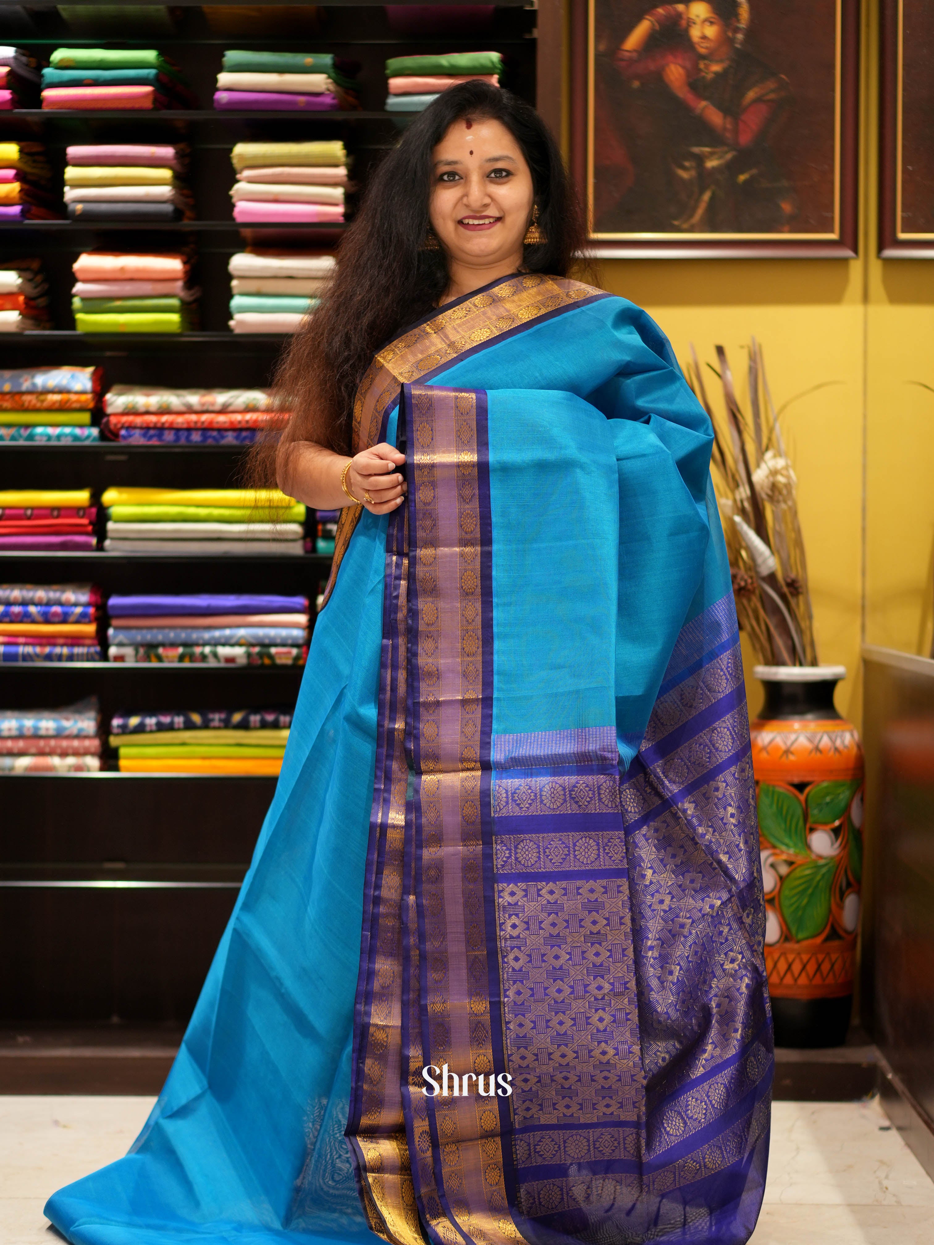 Teal & Blue - Silk Cotton Saree - Shop on ShrusEternity.com