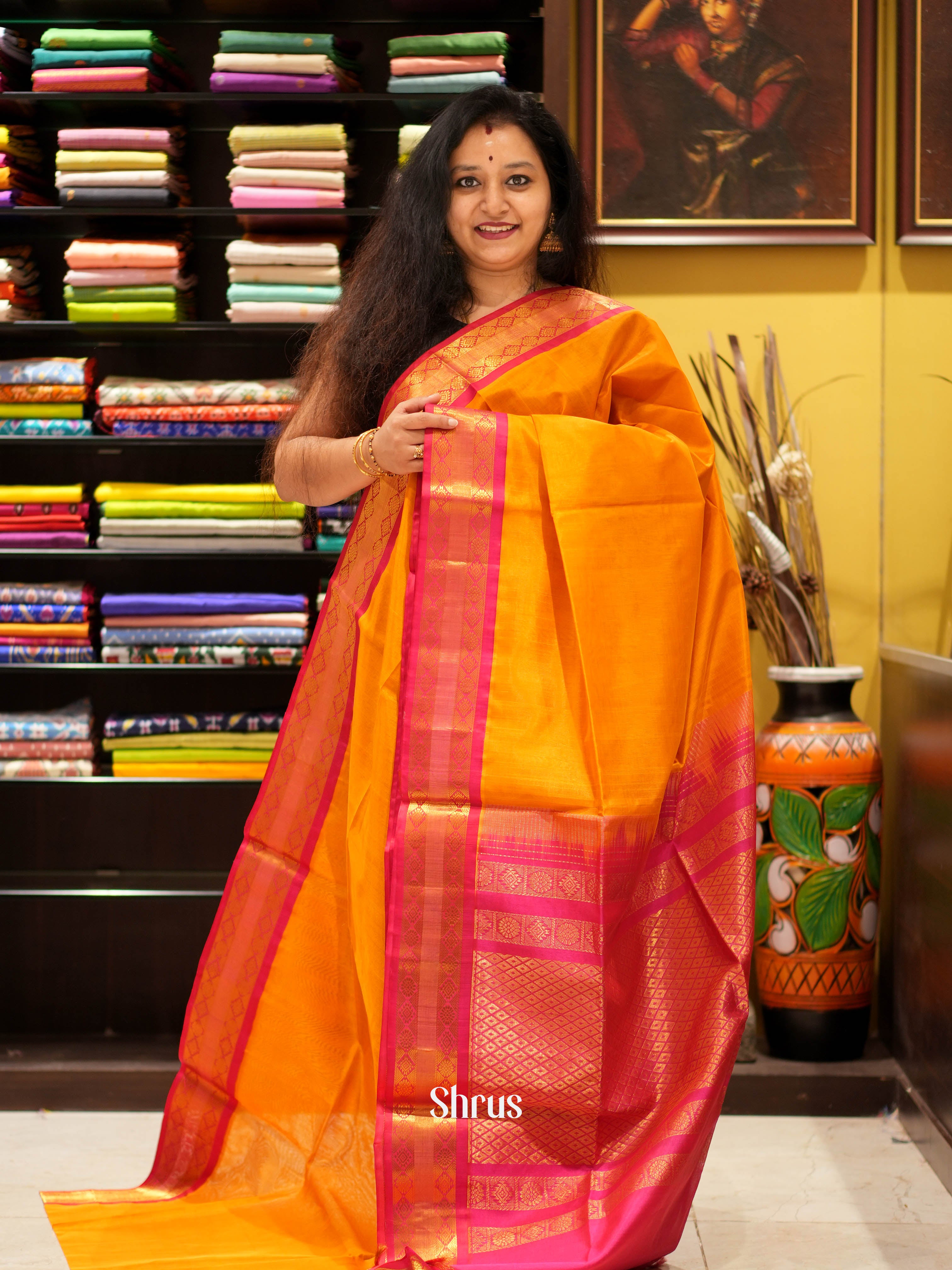 Mustard & Red - Silk Cotton Saree - Shop on ShrusEternity.com