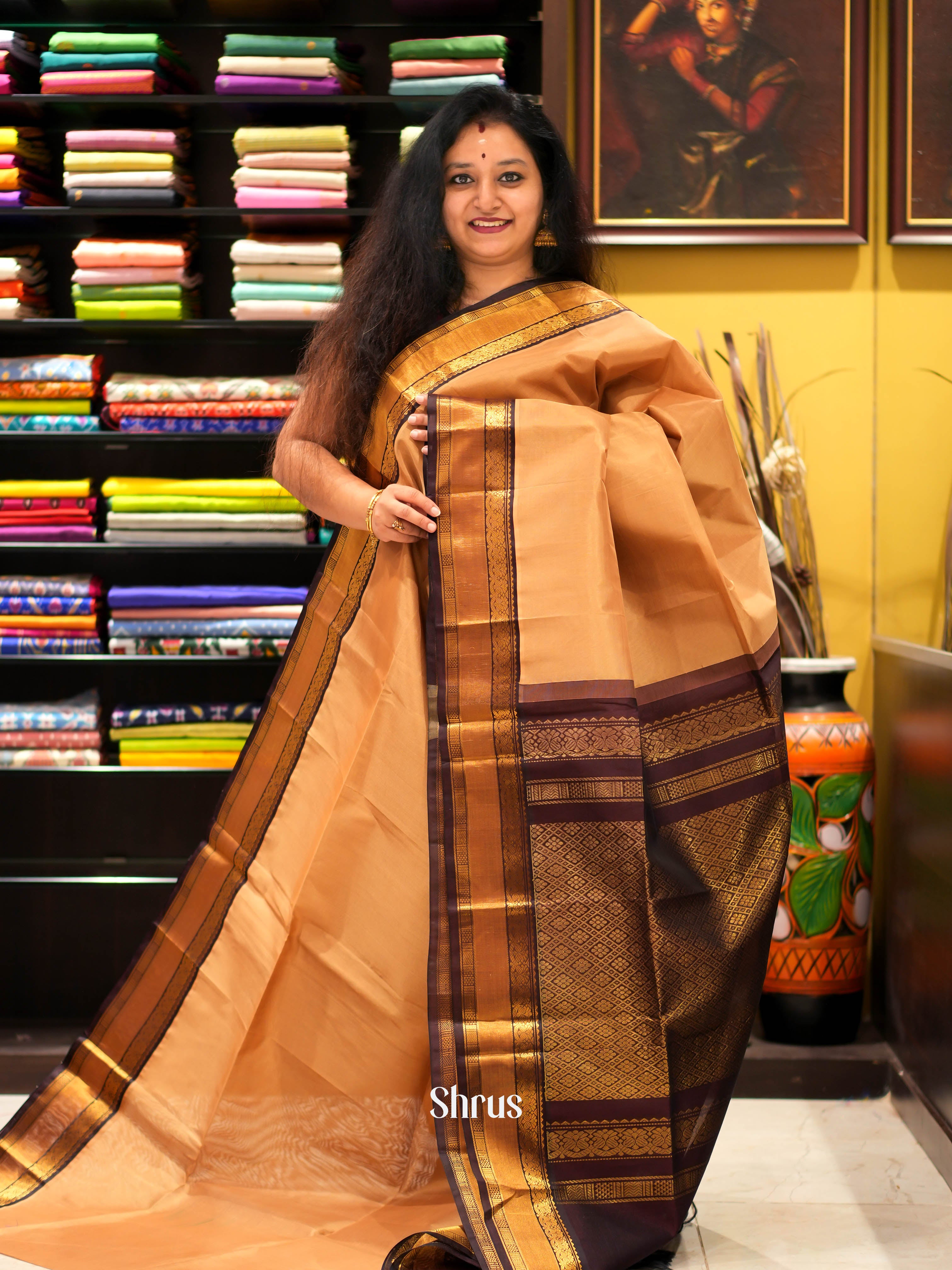Sandal & Brown - Silk Cotton Saree - Shop on ShrusEternity.com