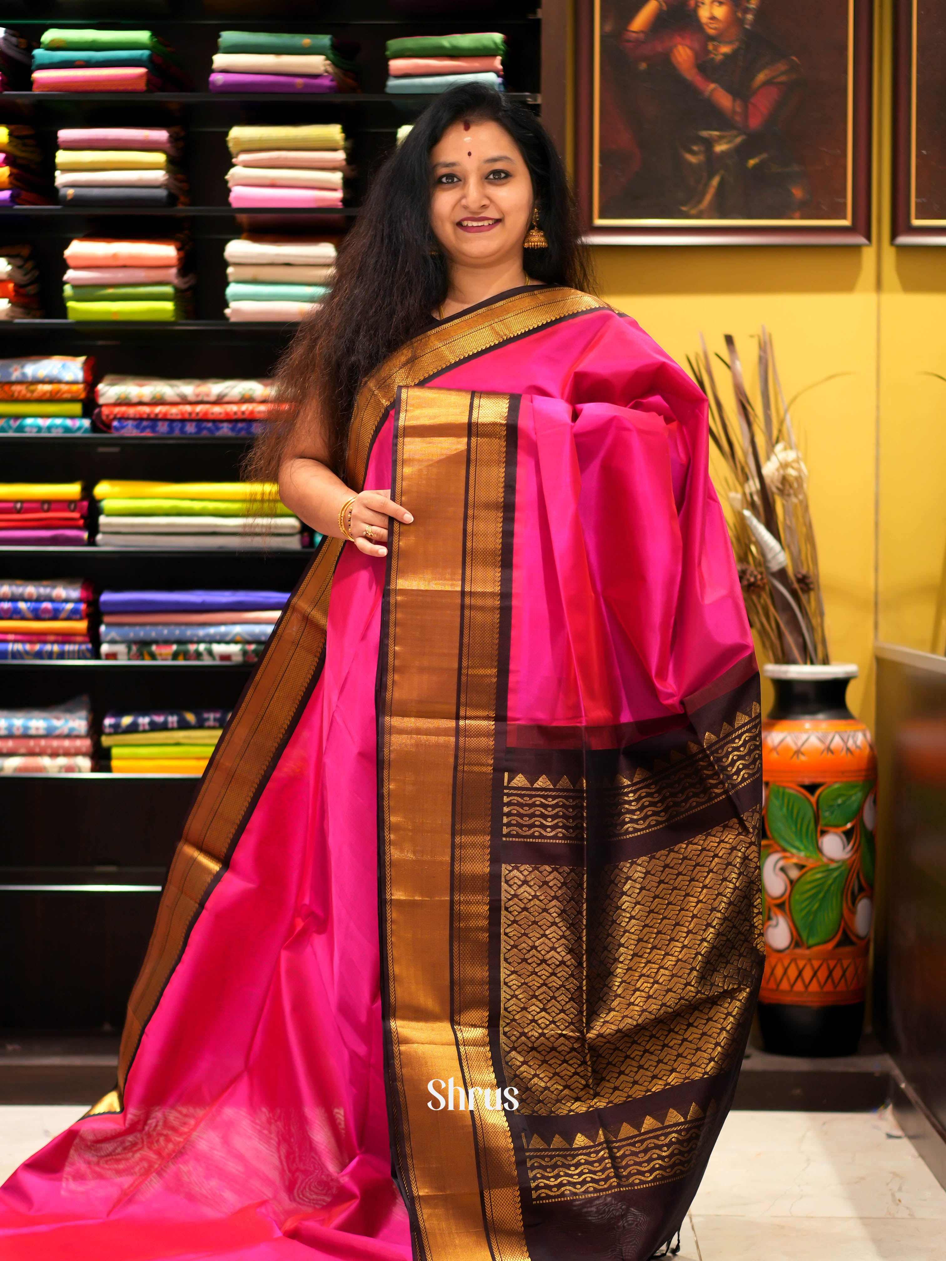 Pink & brown - Silk Cotton Saree - Shop on ShrusEternity.com