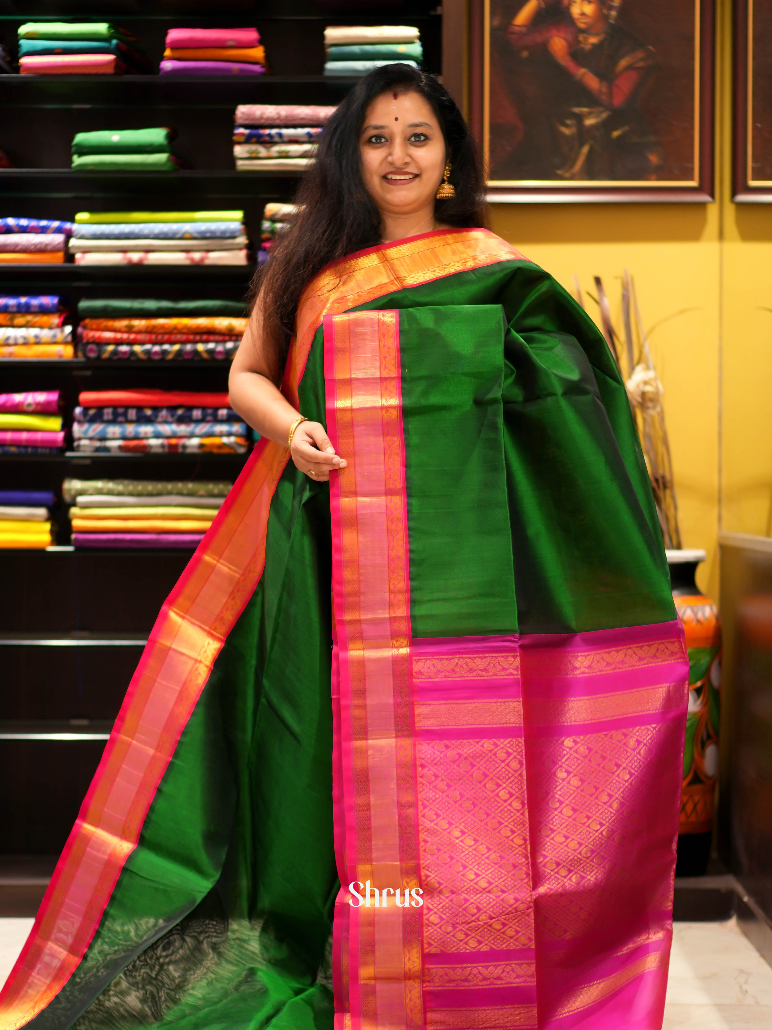 Green & Pink - Silk Cotton Saree - Shop on ShrusEternity.com
