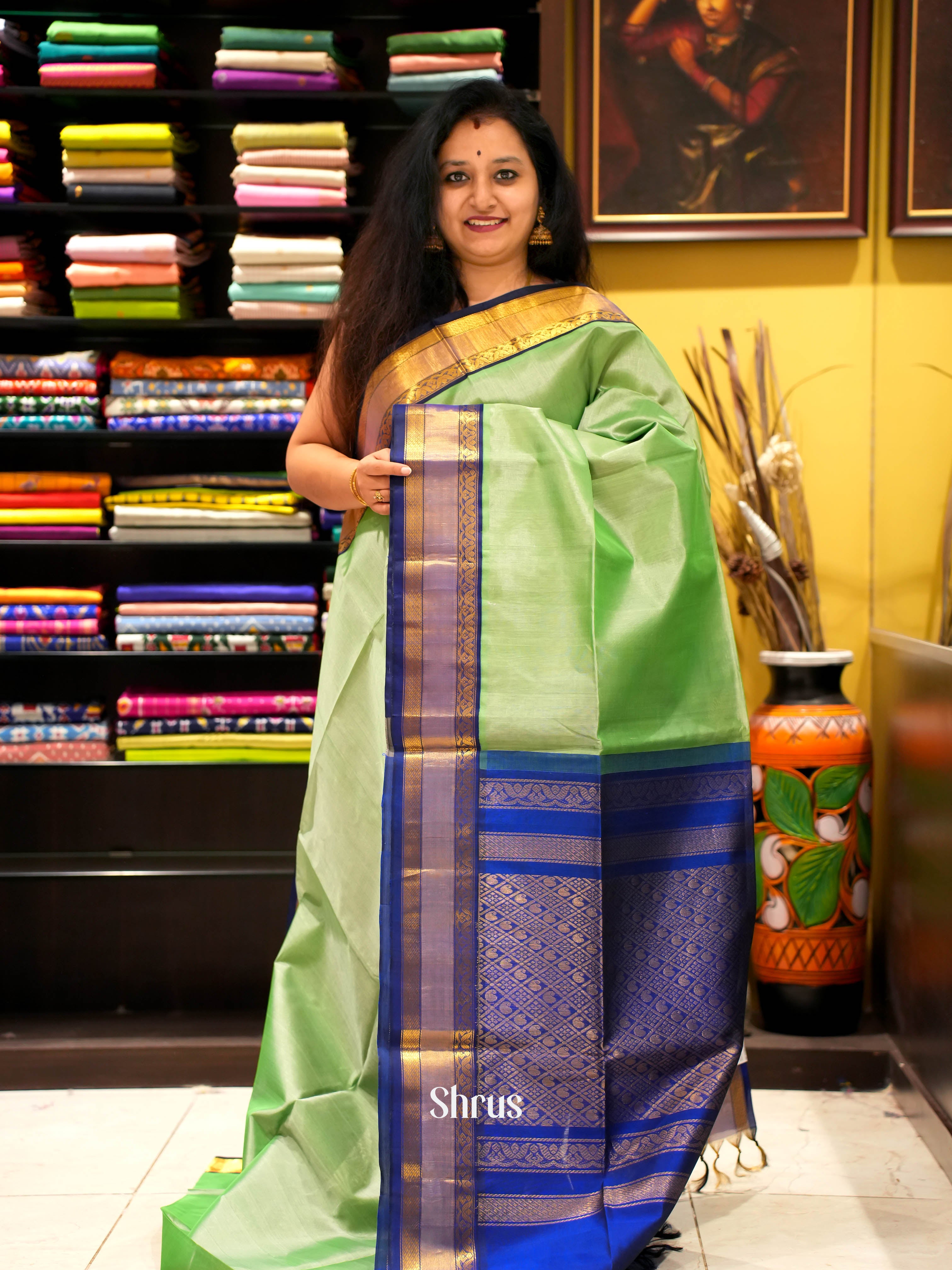 Pista Green & Blue - Silk Cotton Saree - Shop on ShrusEternity.com