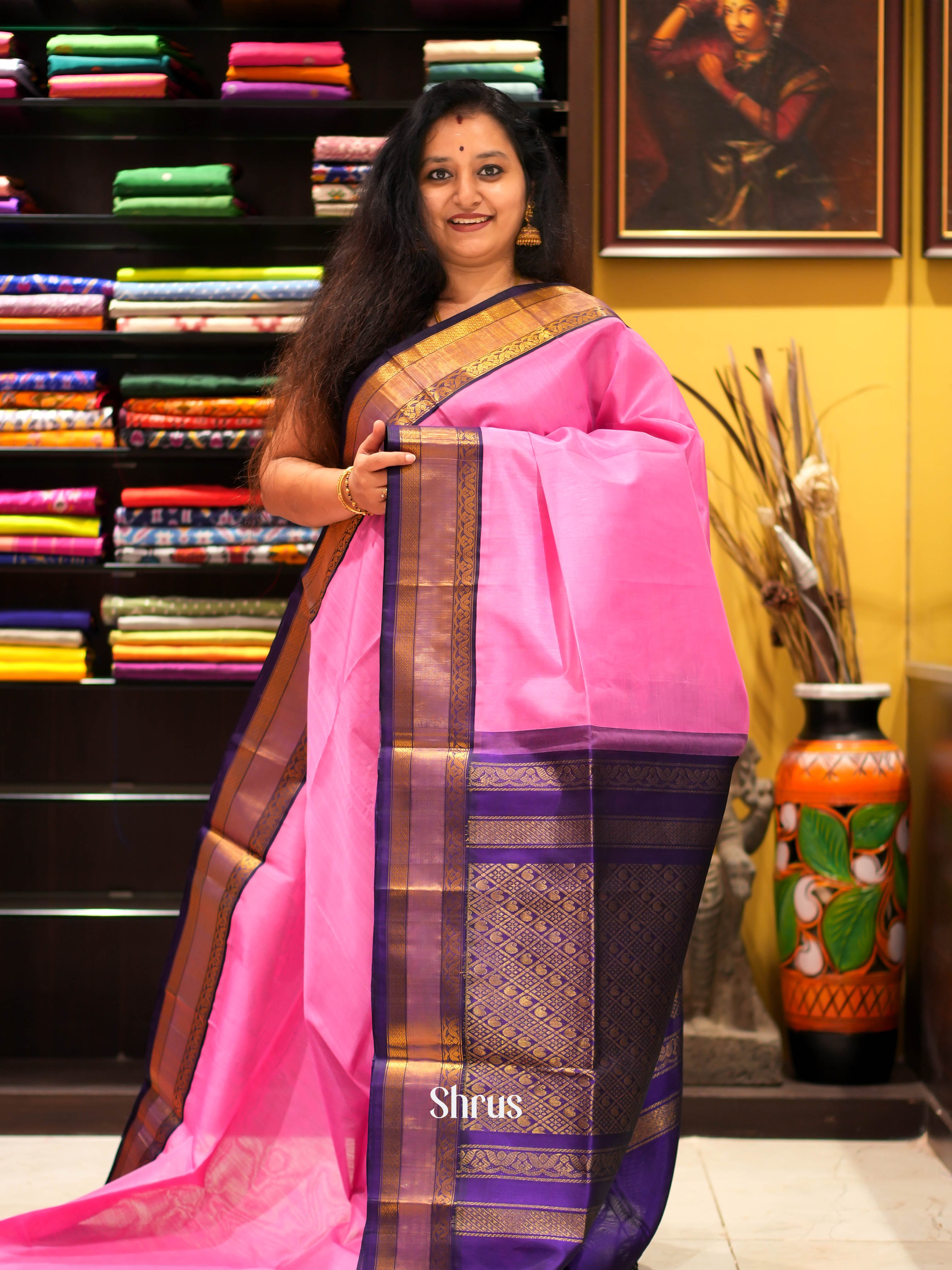 Pink & Violet - Silk Cotton Saree - Shop on ShrusEternity.com