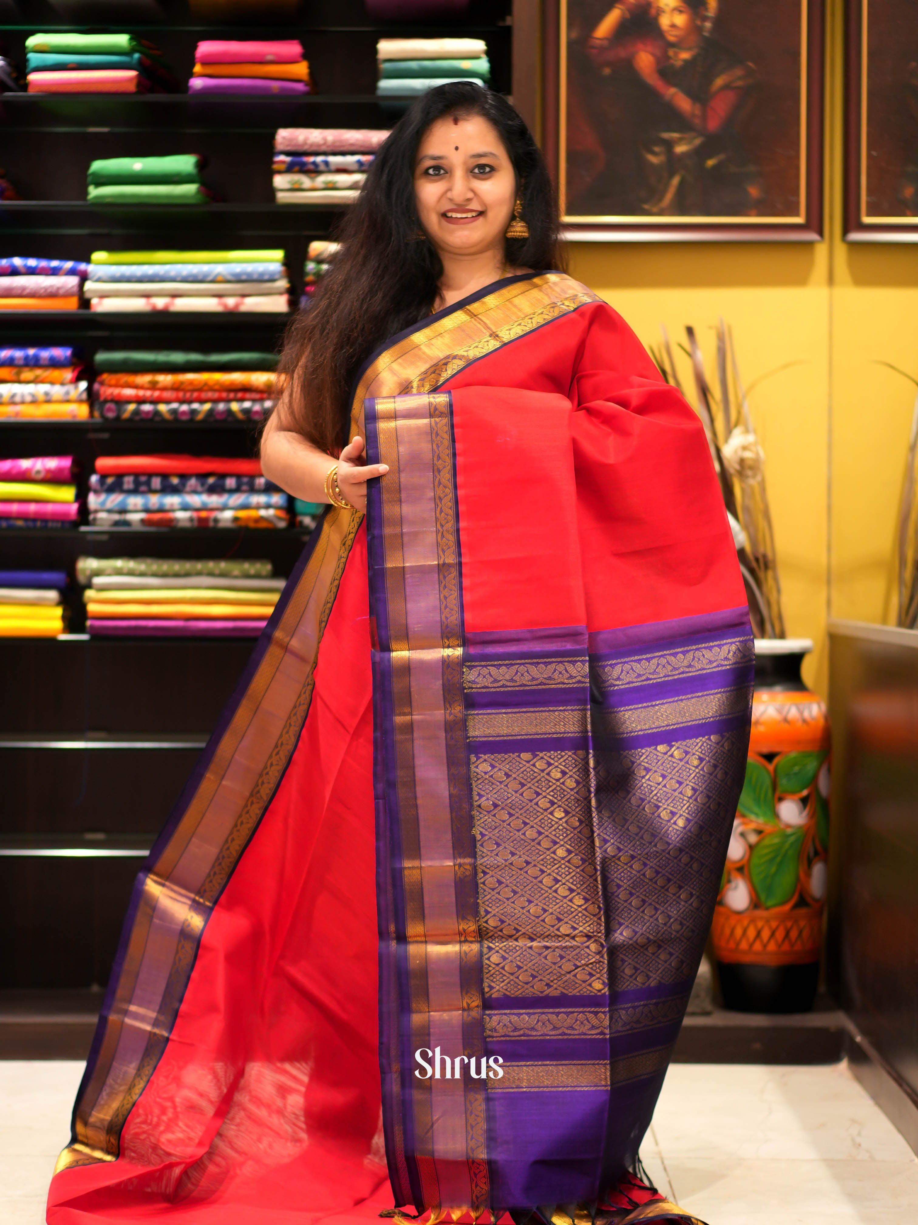 Red & Violet - Silk Cotton Saree - Shop on ShrusEternity.com