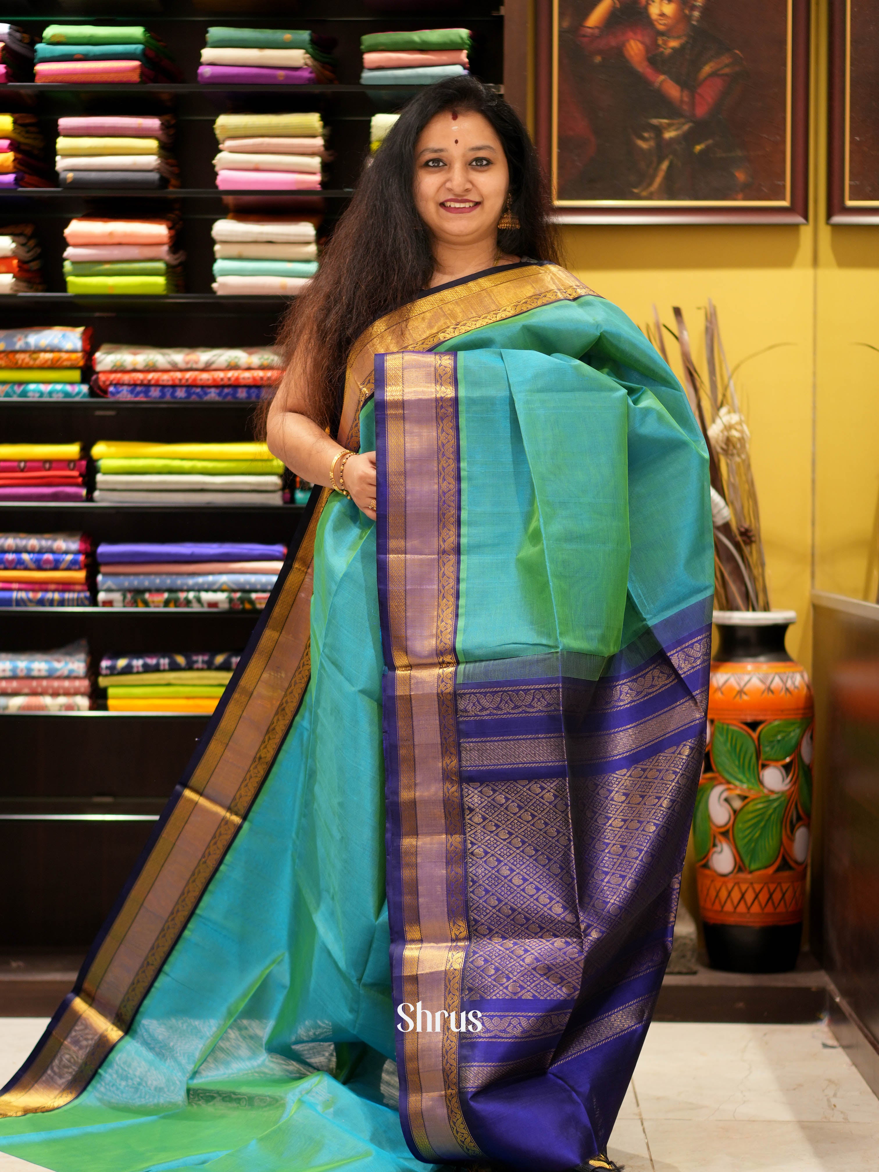 Teal & Blue - Silk Cotton Saree - Shop on ShrusEternity.com
