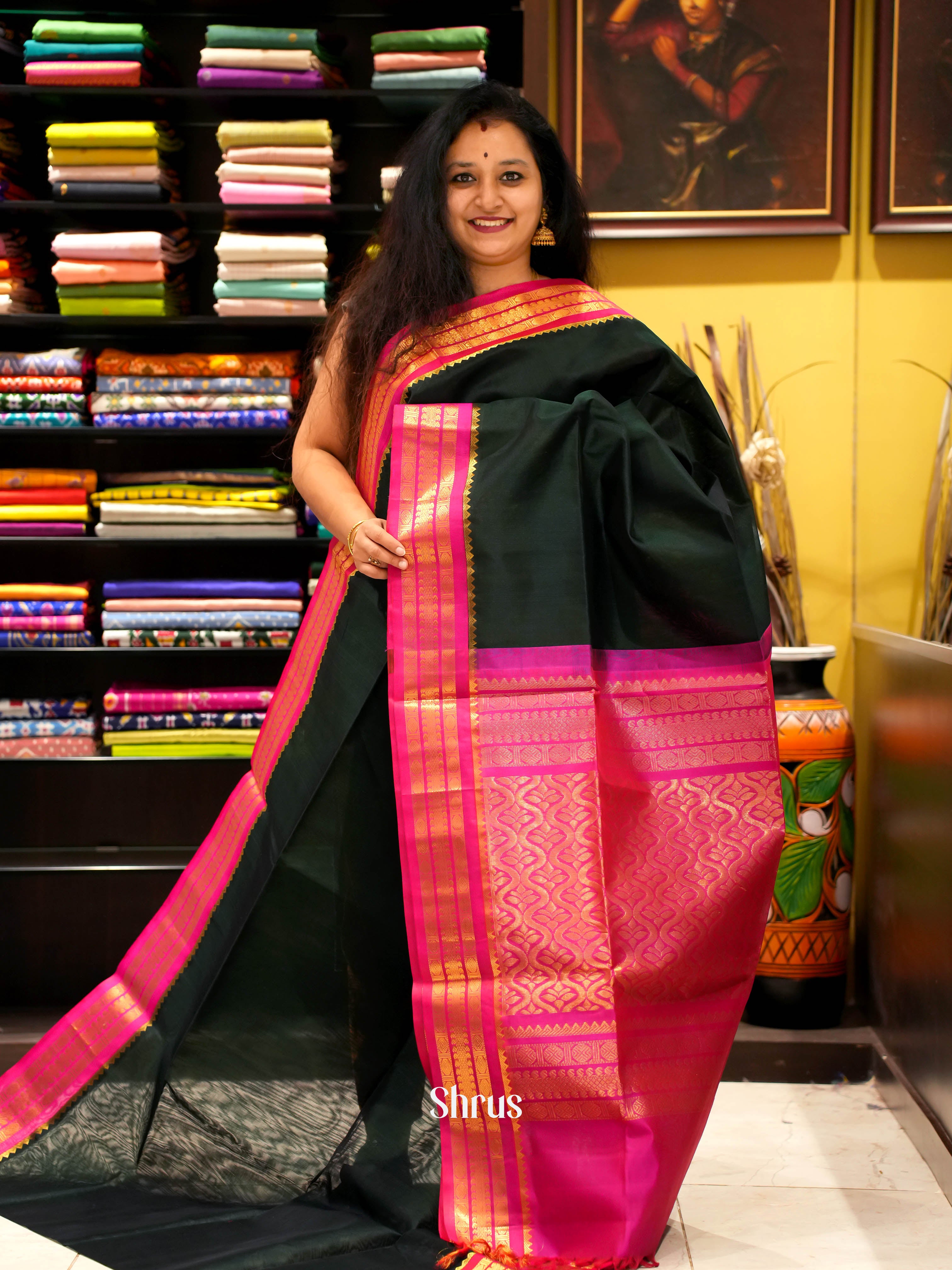 Dark Green & Pink - Silk Cotton Saree - Shop on ShrusEternity.com