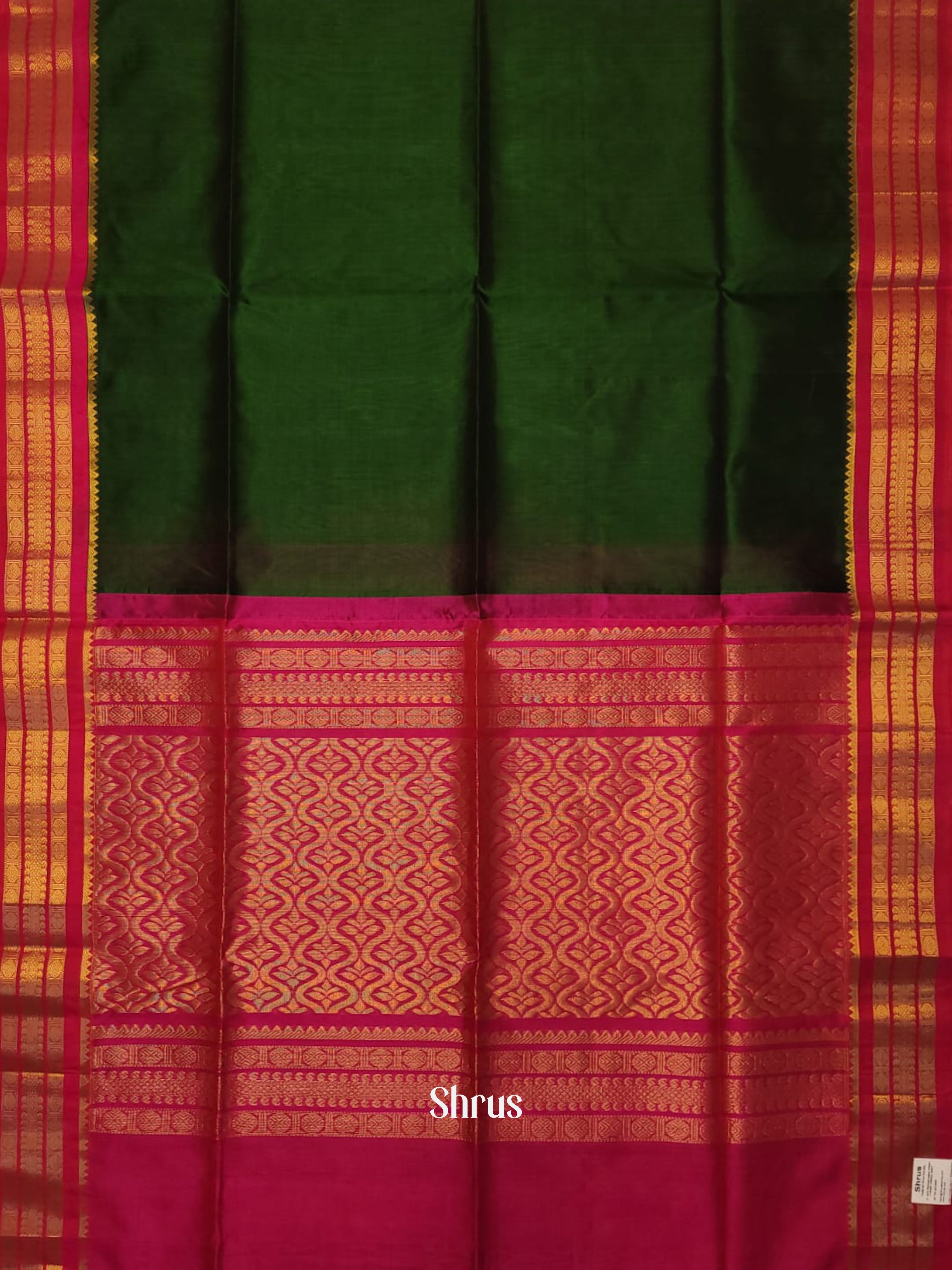 Bottle Green & Pink - Silk Cotton Saree - Shop on ShrusEternity.com
