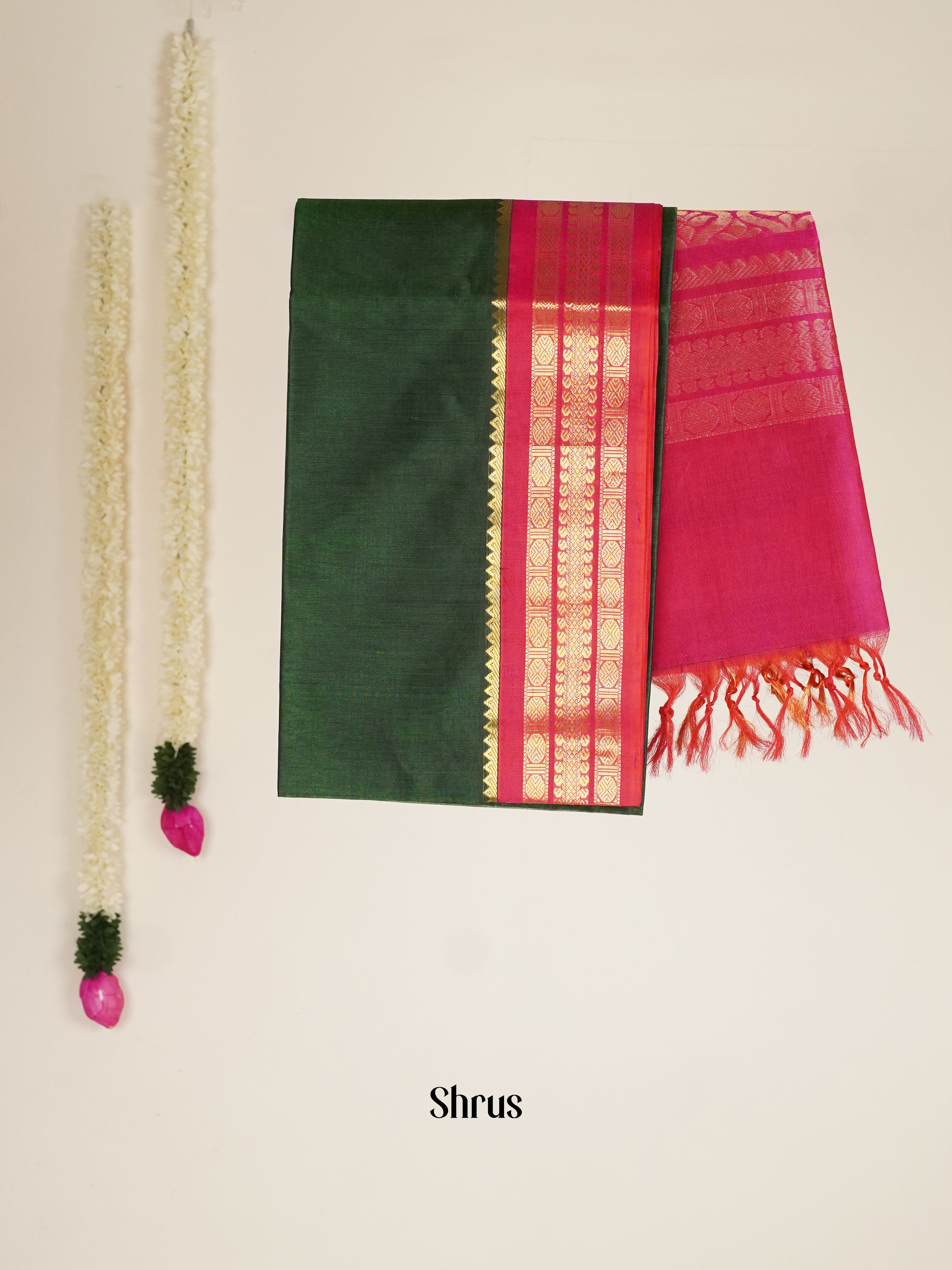 Bottle Green & Pink - Silk Cotton Saree - Shop on ShrusEternity.com
