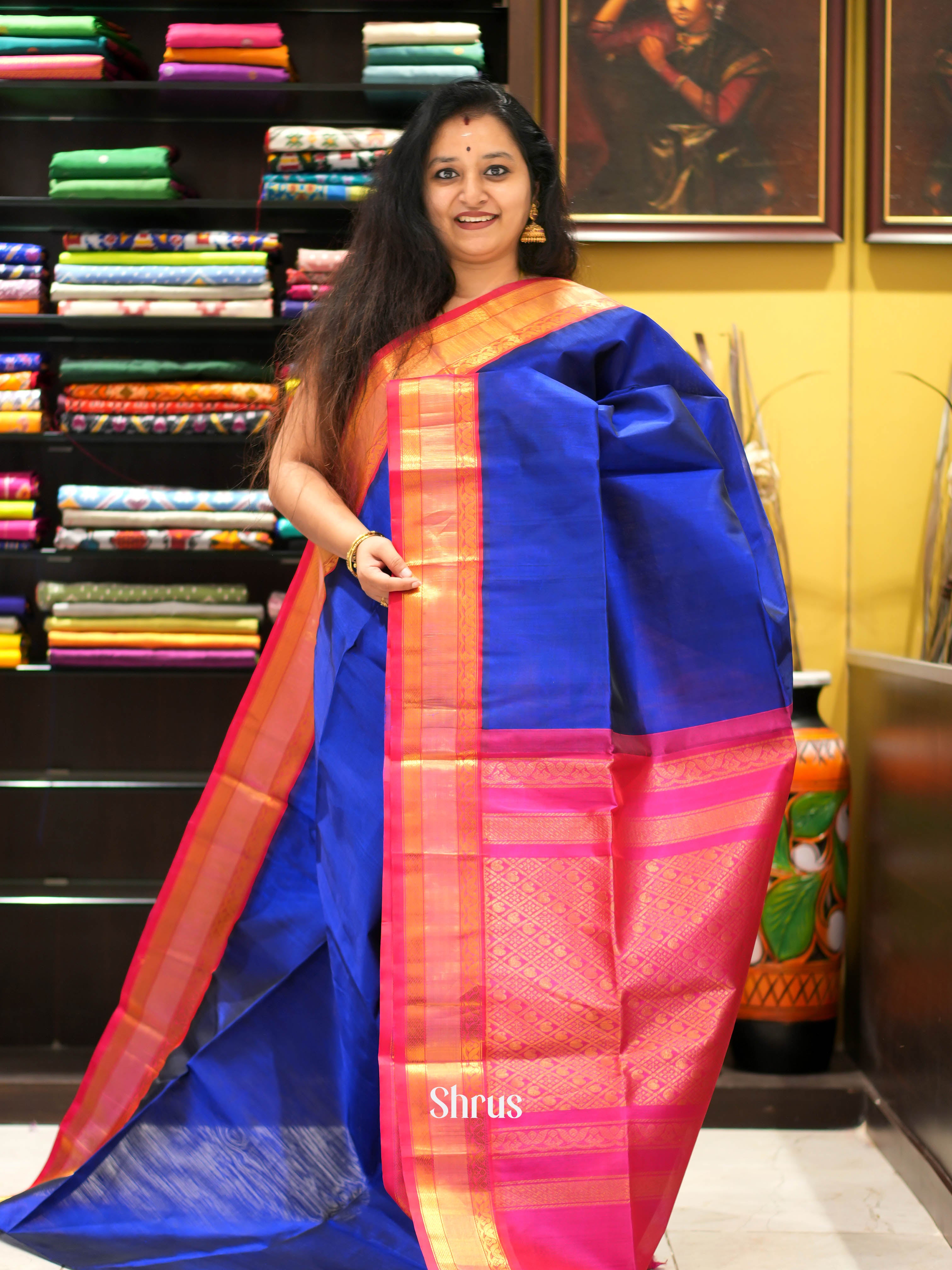 Blue & Pink - Silk Cotton Saree - Shop on ShrusEternity.com