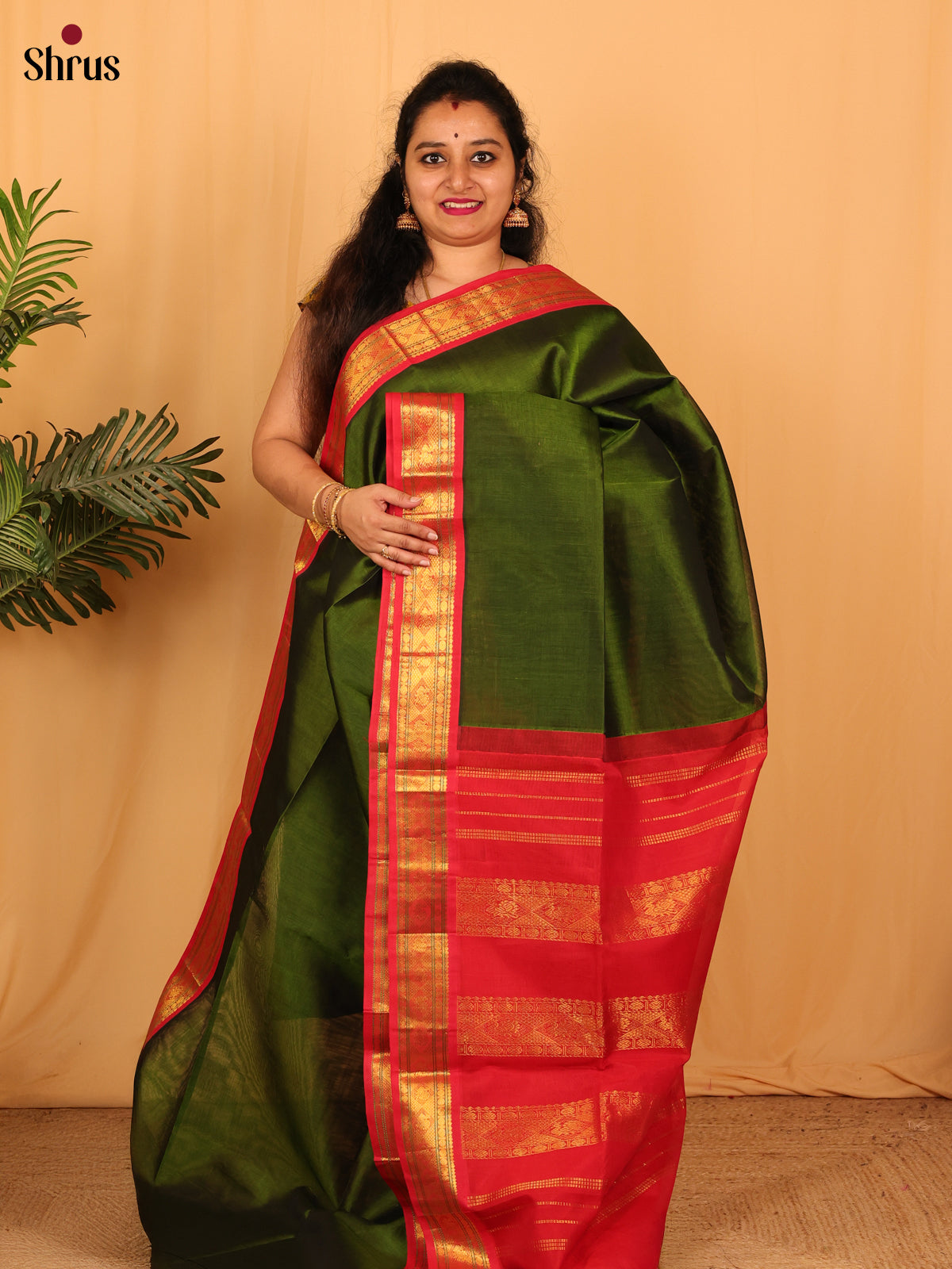 Green & Red - Silk Cotton Saree - Shop on ShrusEternity.com