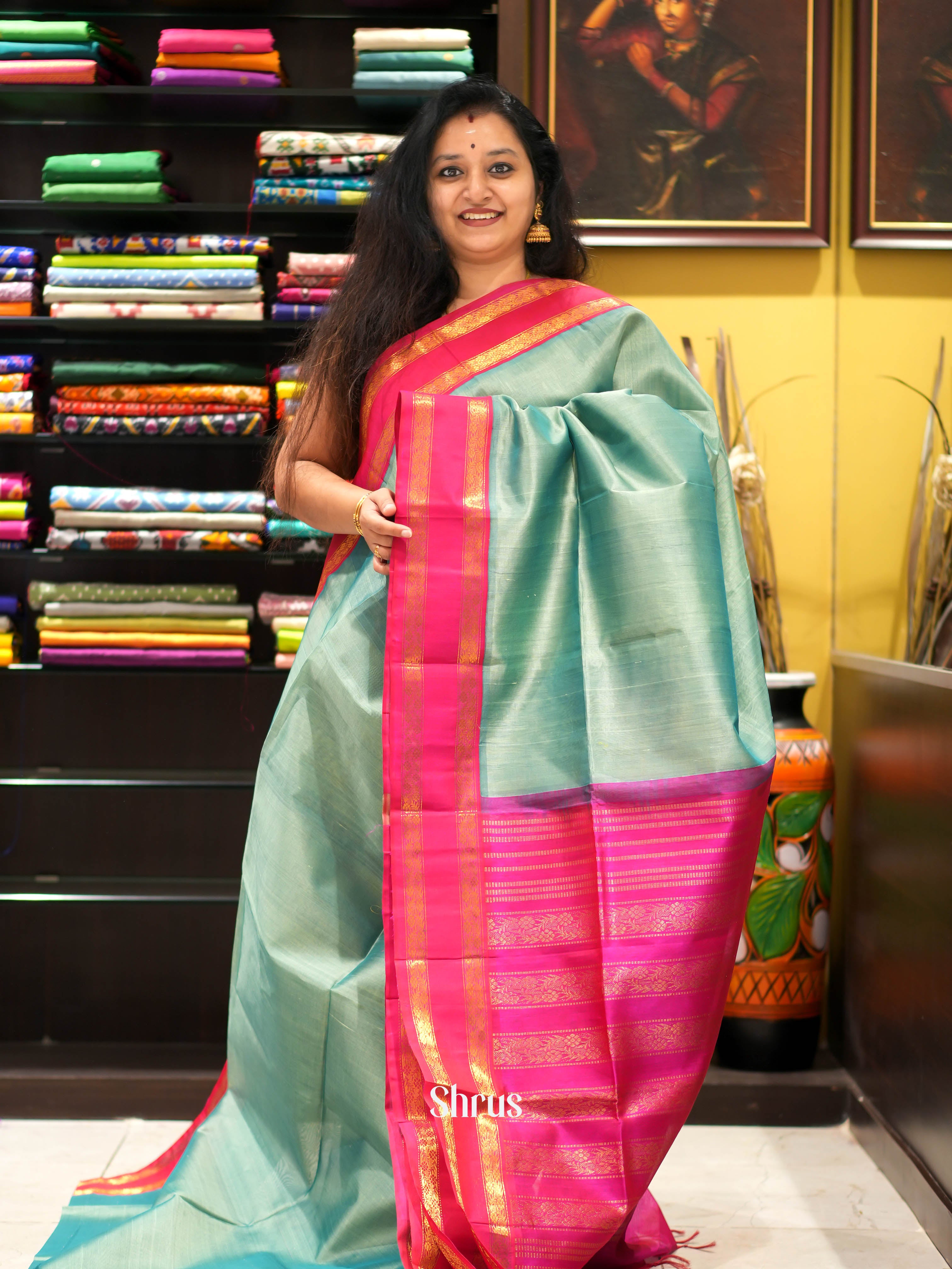Dusty Green & Pink - Silk Cotton Saree - Shop on ShrusEternity.com