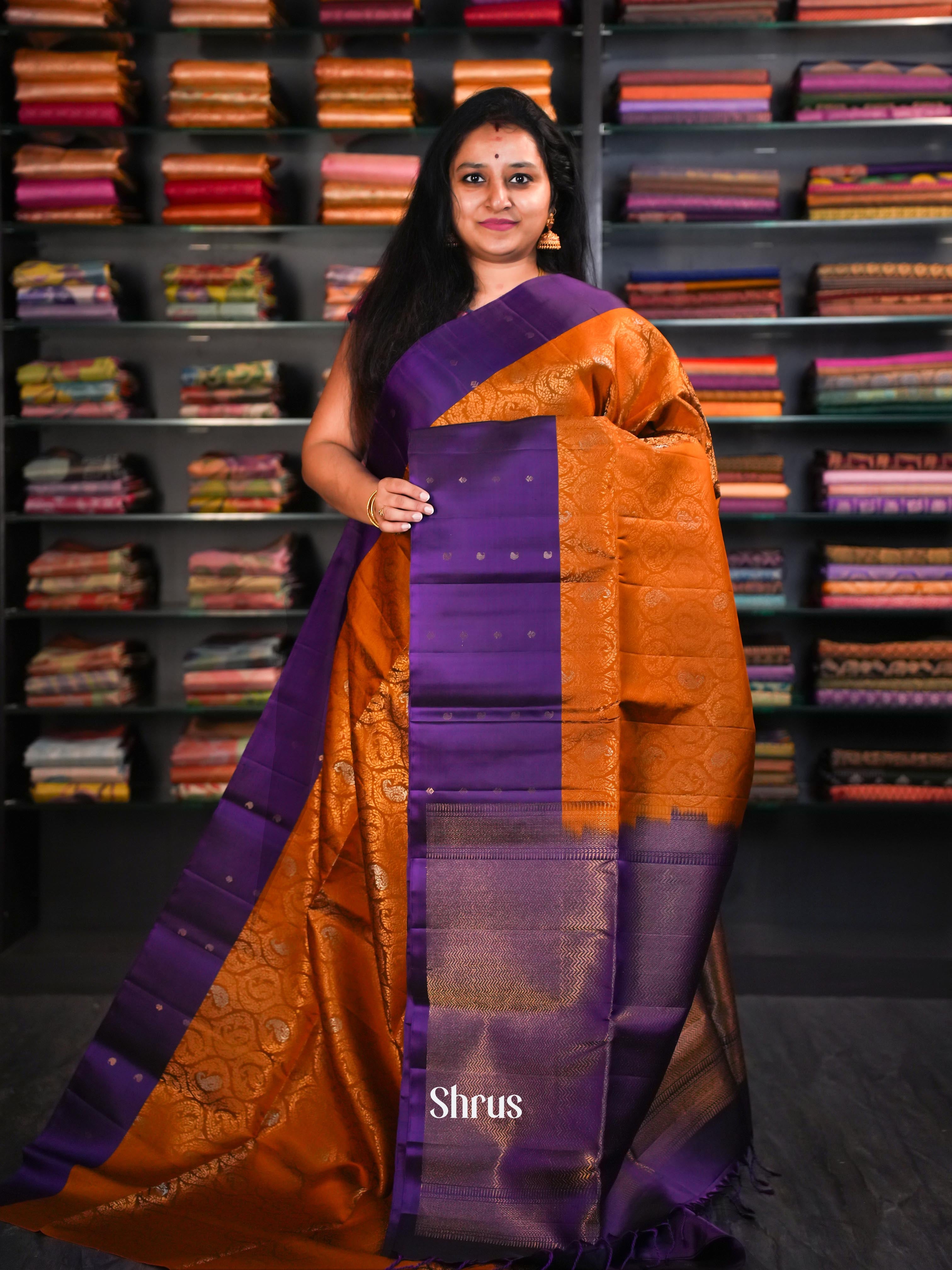 Brownish Orange & Dark Purple - Soft Silk Saree - Shop on ShrusEternity.com