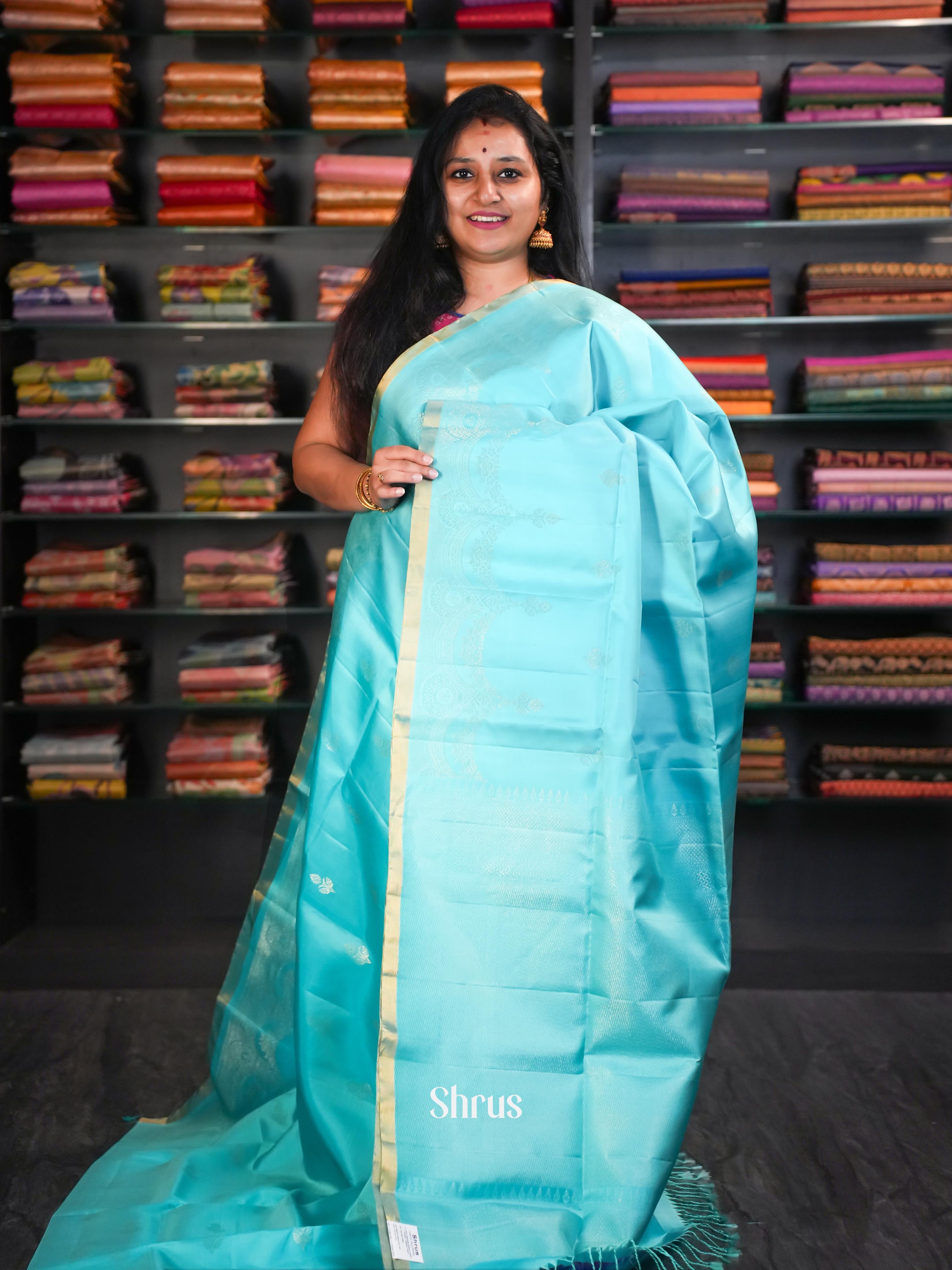Bright Teal - Soft Silk Saree - Shop on ShrusEternity.com