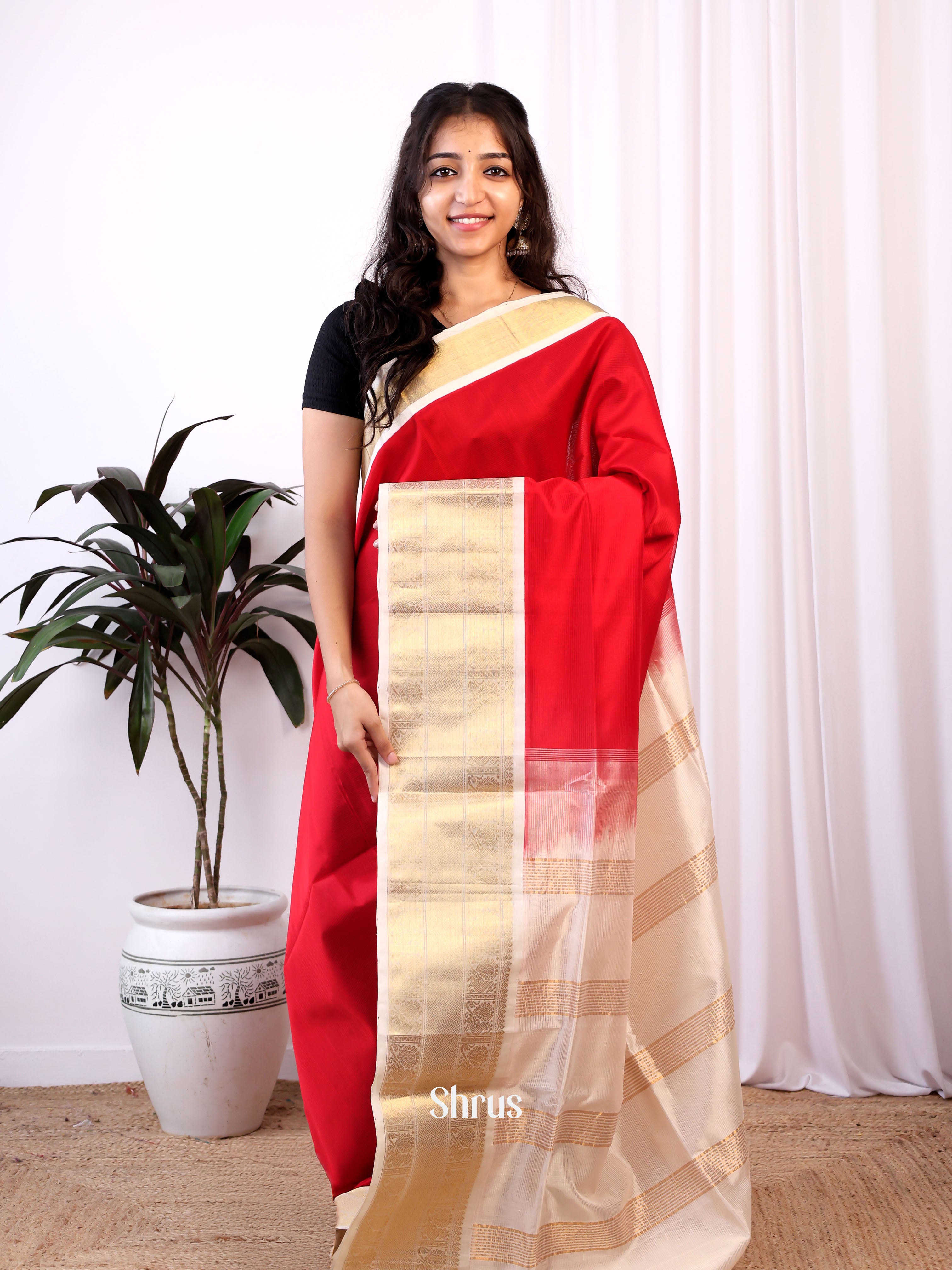 Red & Cream - Silk Cotton Saree - Shop on ShrusEternity.com