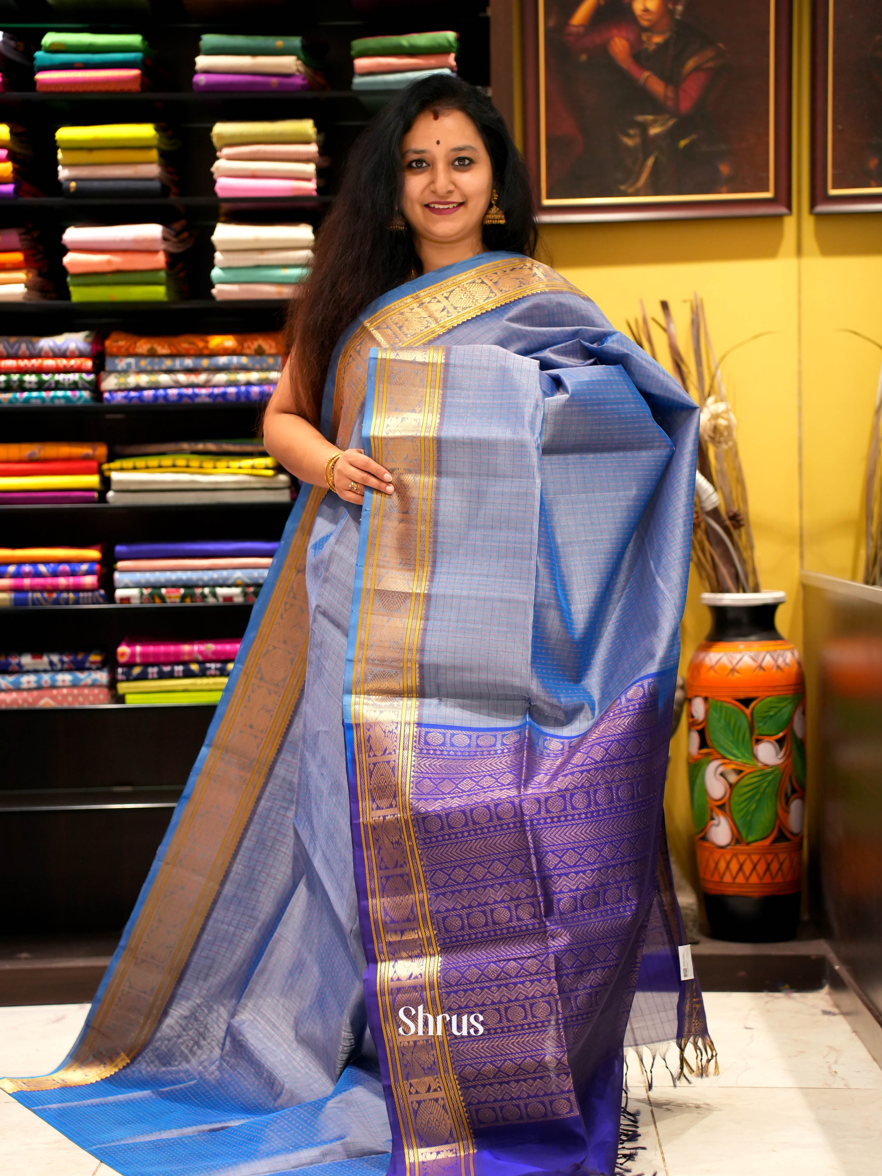 Lite Blue & Blue - Silk Cotton Saree - Shop on ShrusEternity.com
