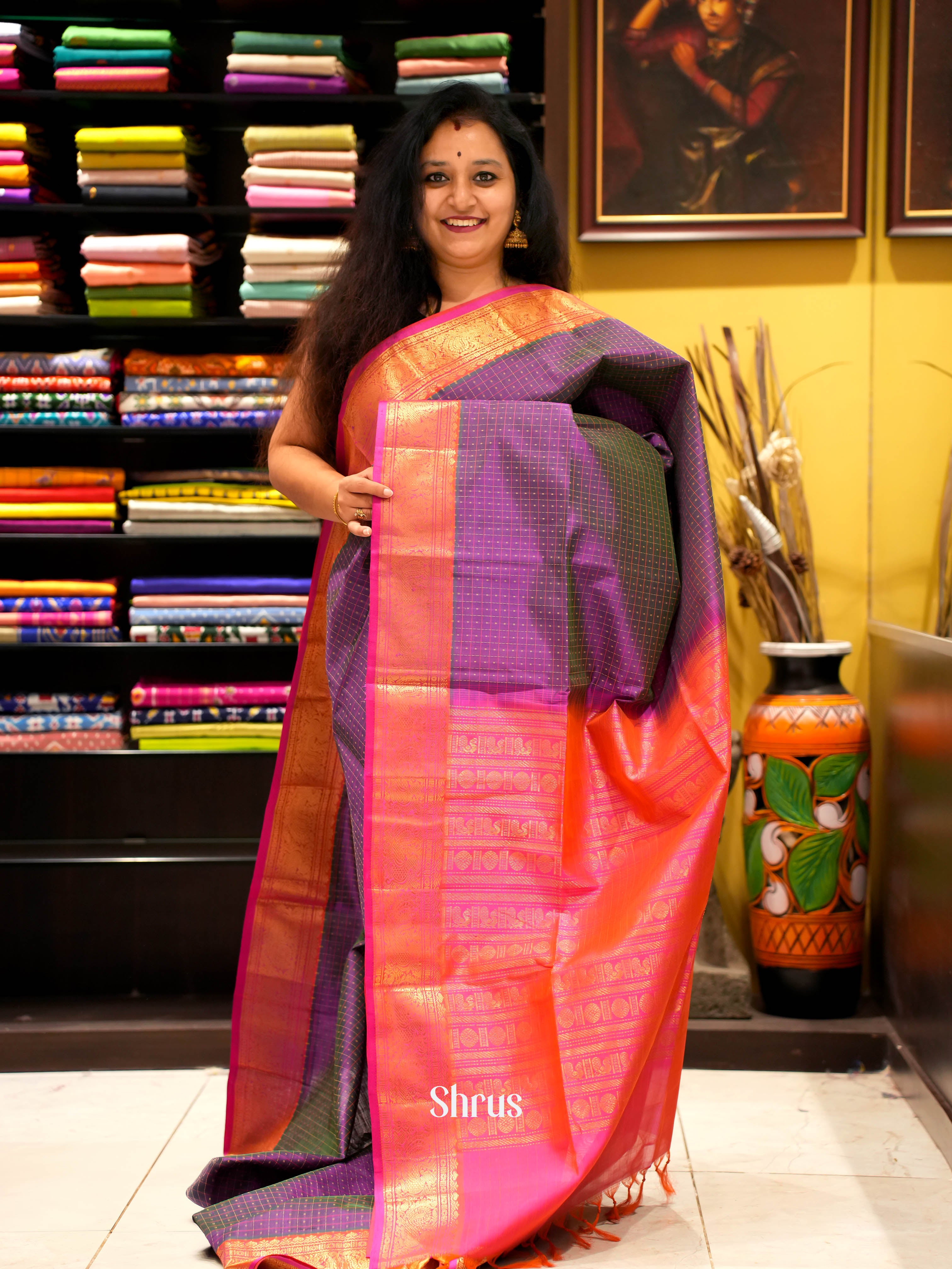 Purple & Orangish Pink - Silk Cotton Saree - Shop on ShrusEternity.com