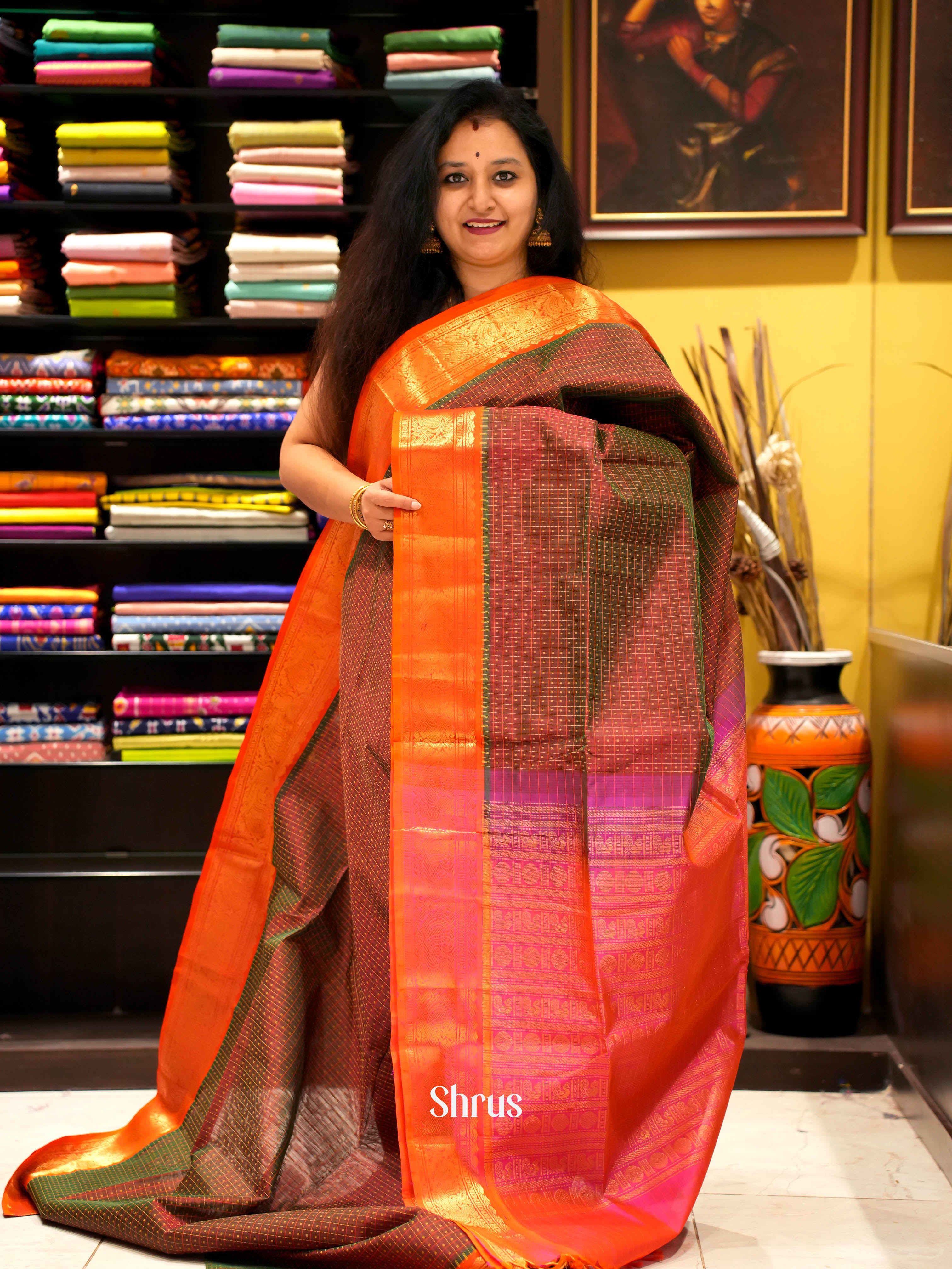 Brown & Orange - Silk Cotton Saree - Shop on ShrusEternity.com