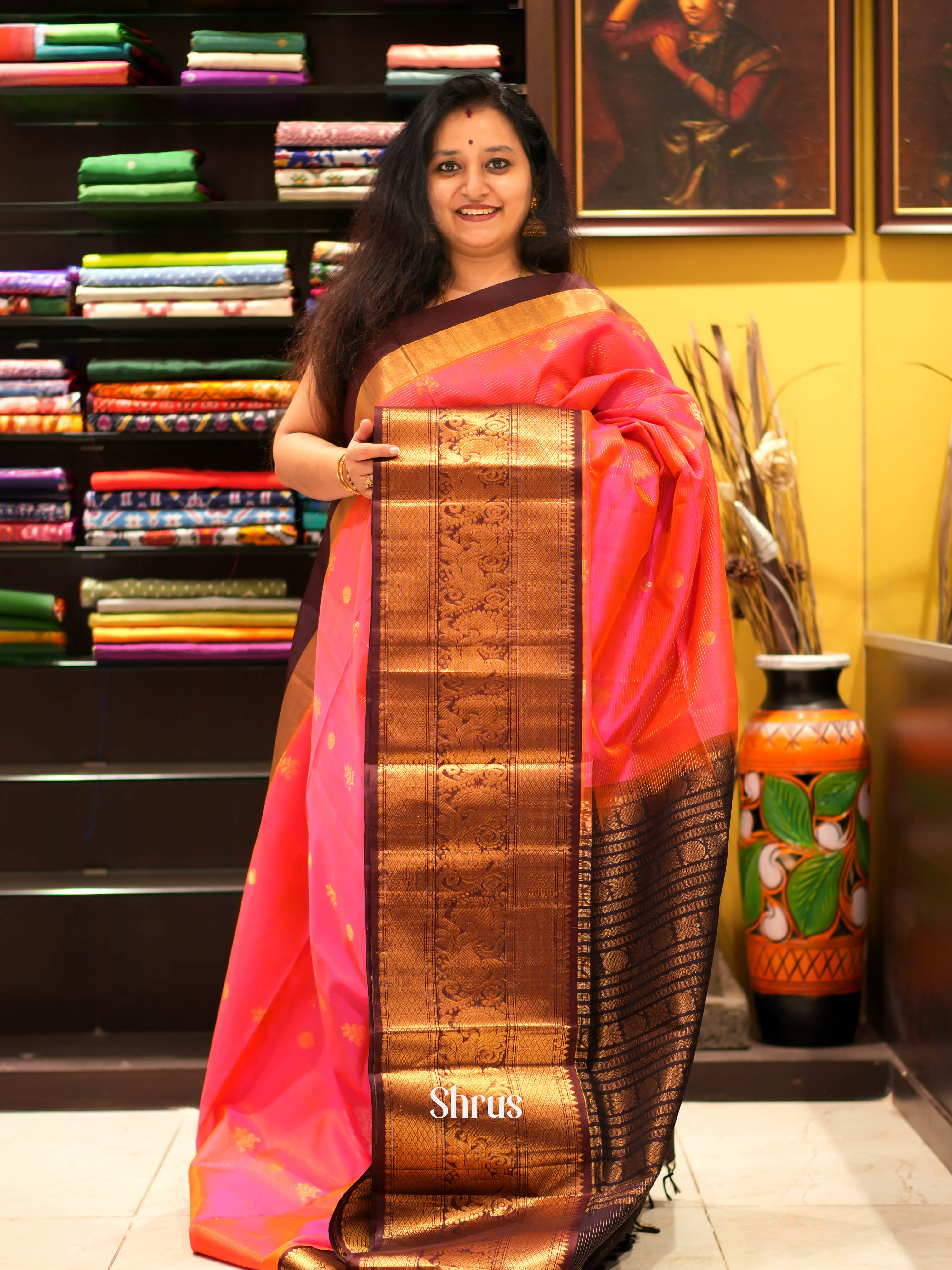 Pink & Brown- Silk Cotton Saree - Shop on ShrusEternity.com