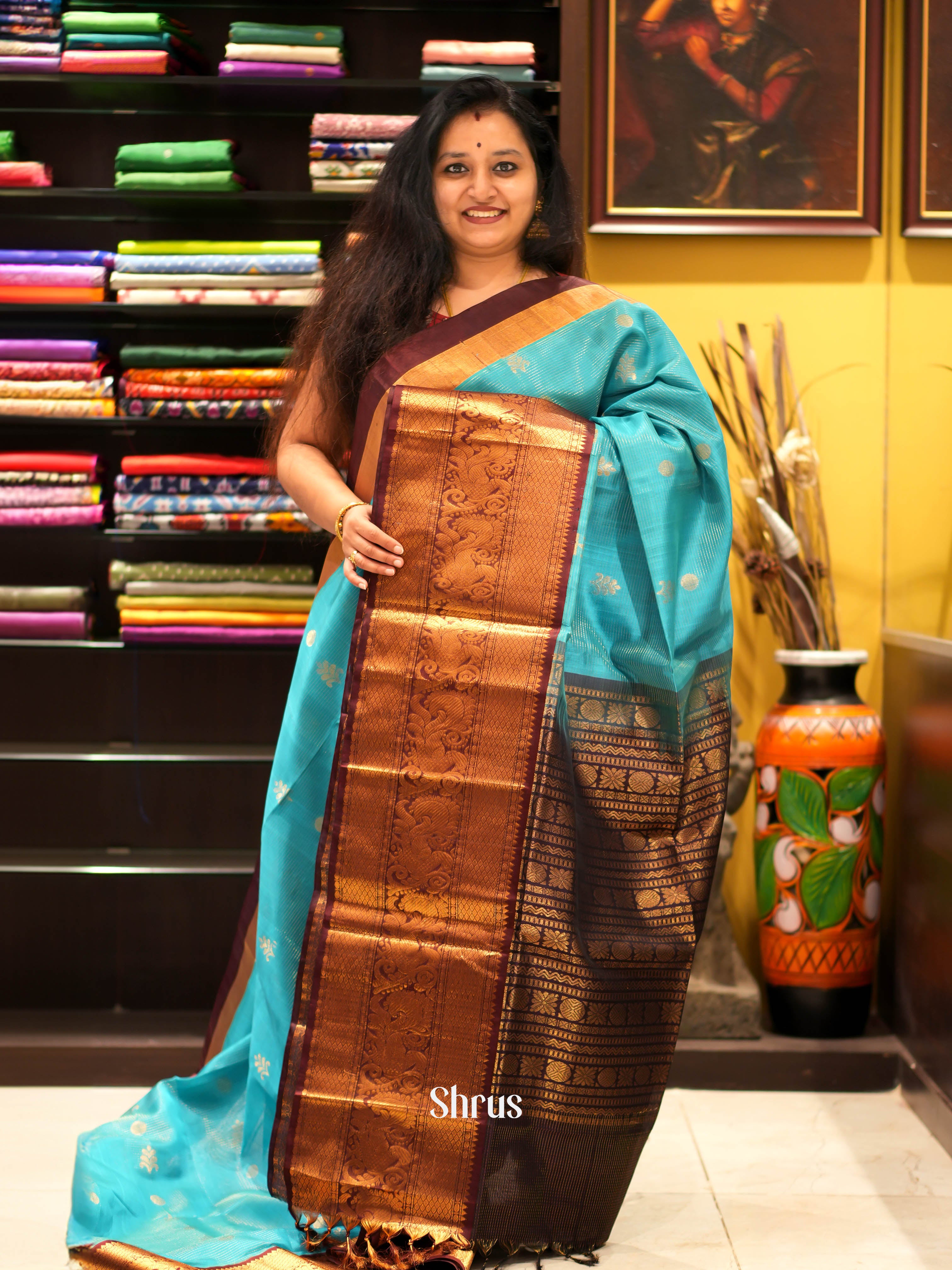 Blue & Brown - Silk Cotton Saree - Shop on ShrusEternity.com