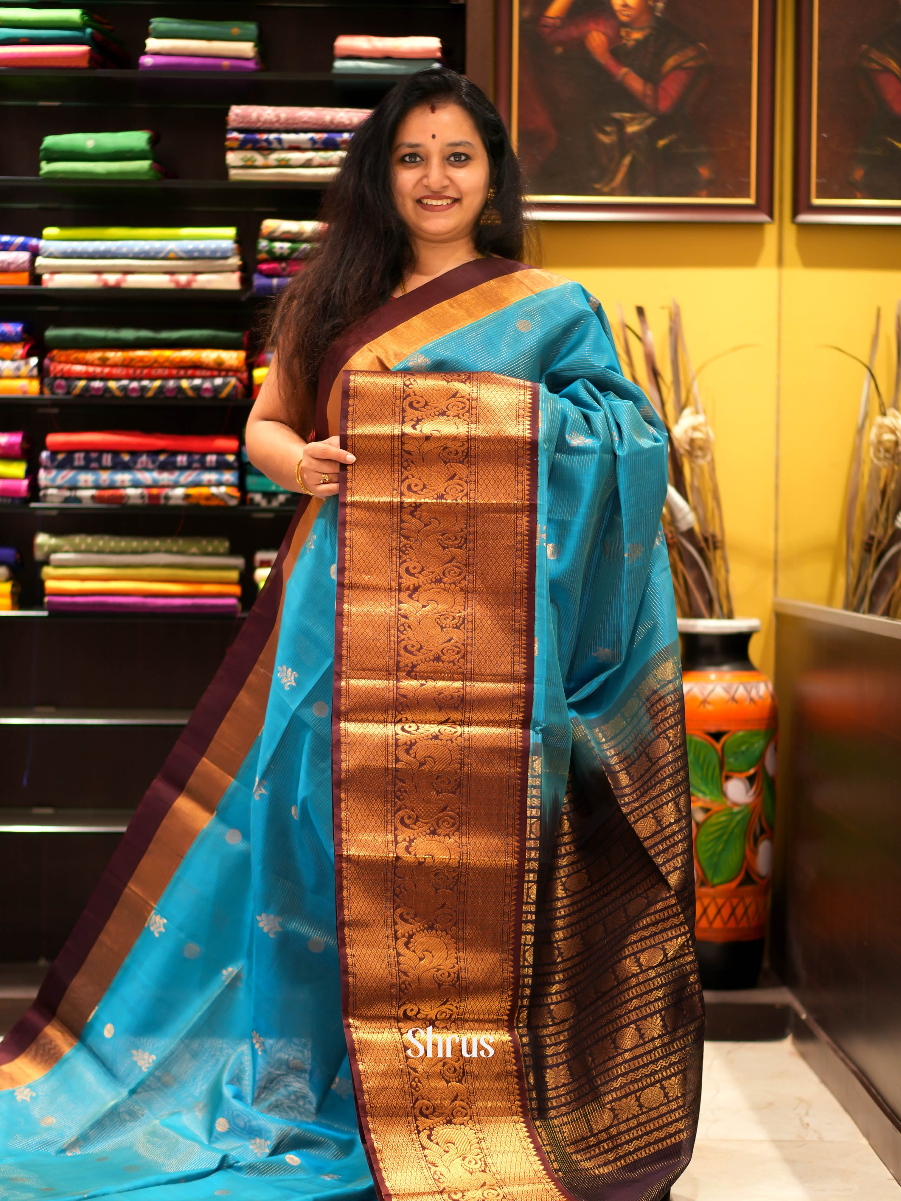 Blue & Brown - Silk Cotton Saree - Shop on ShrusEternity.com