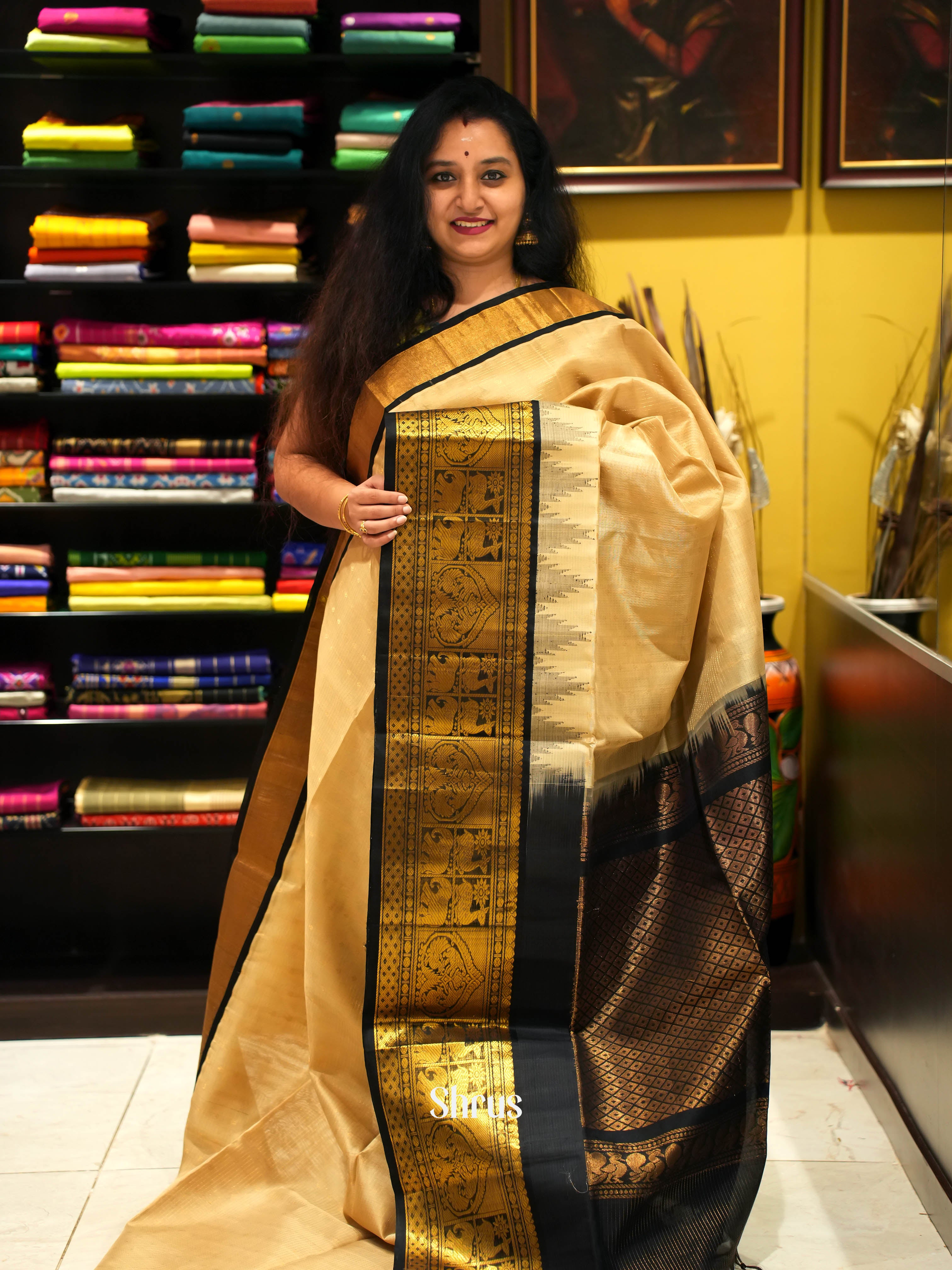 Cream & Black- Silk Cotton Saree - Shop on ShrusEternity.com