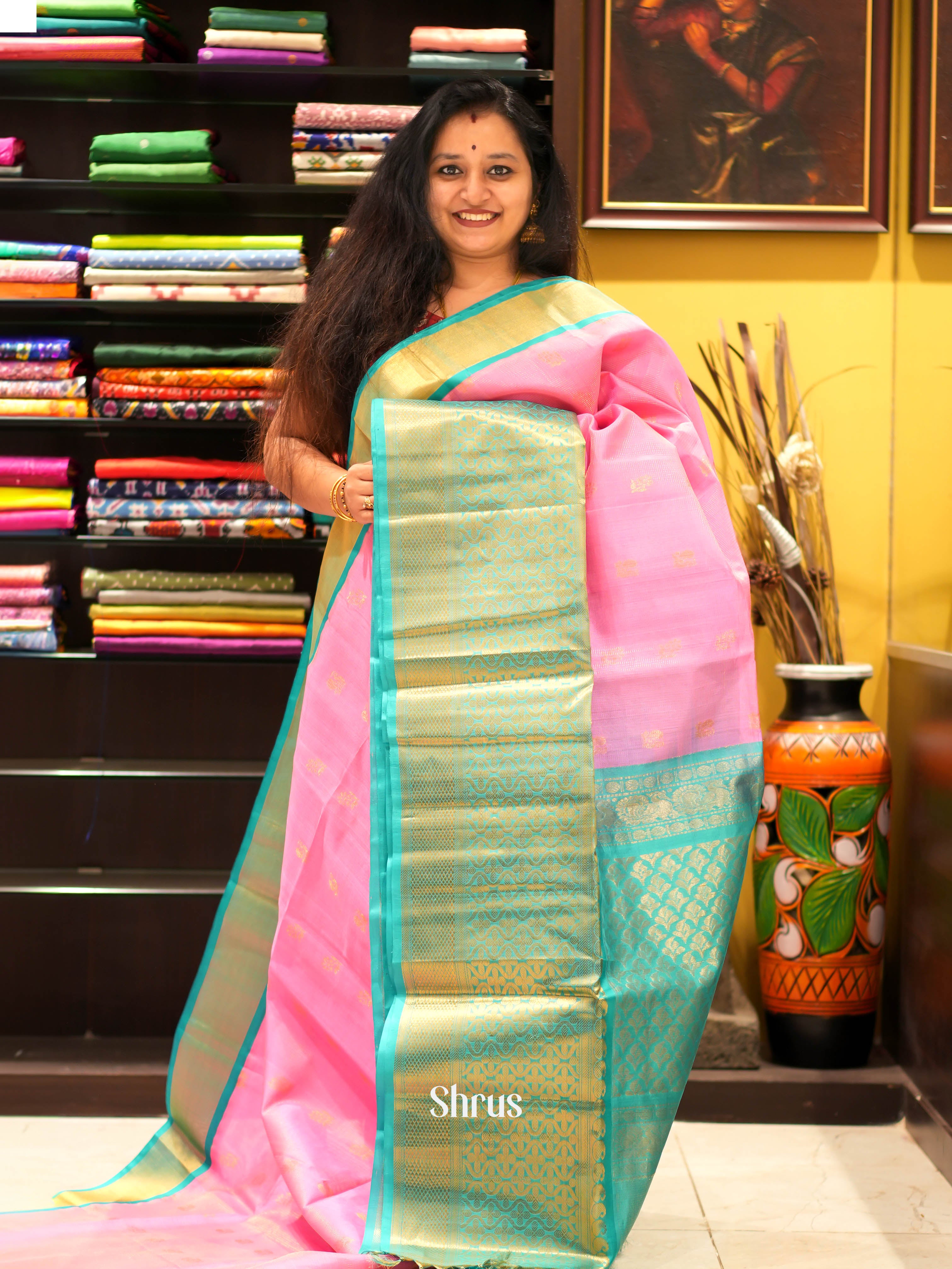 Pink & Teal - Silk Cotton Saree - Shop on ShrusEternity.com