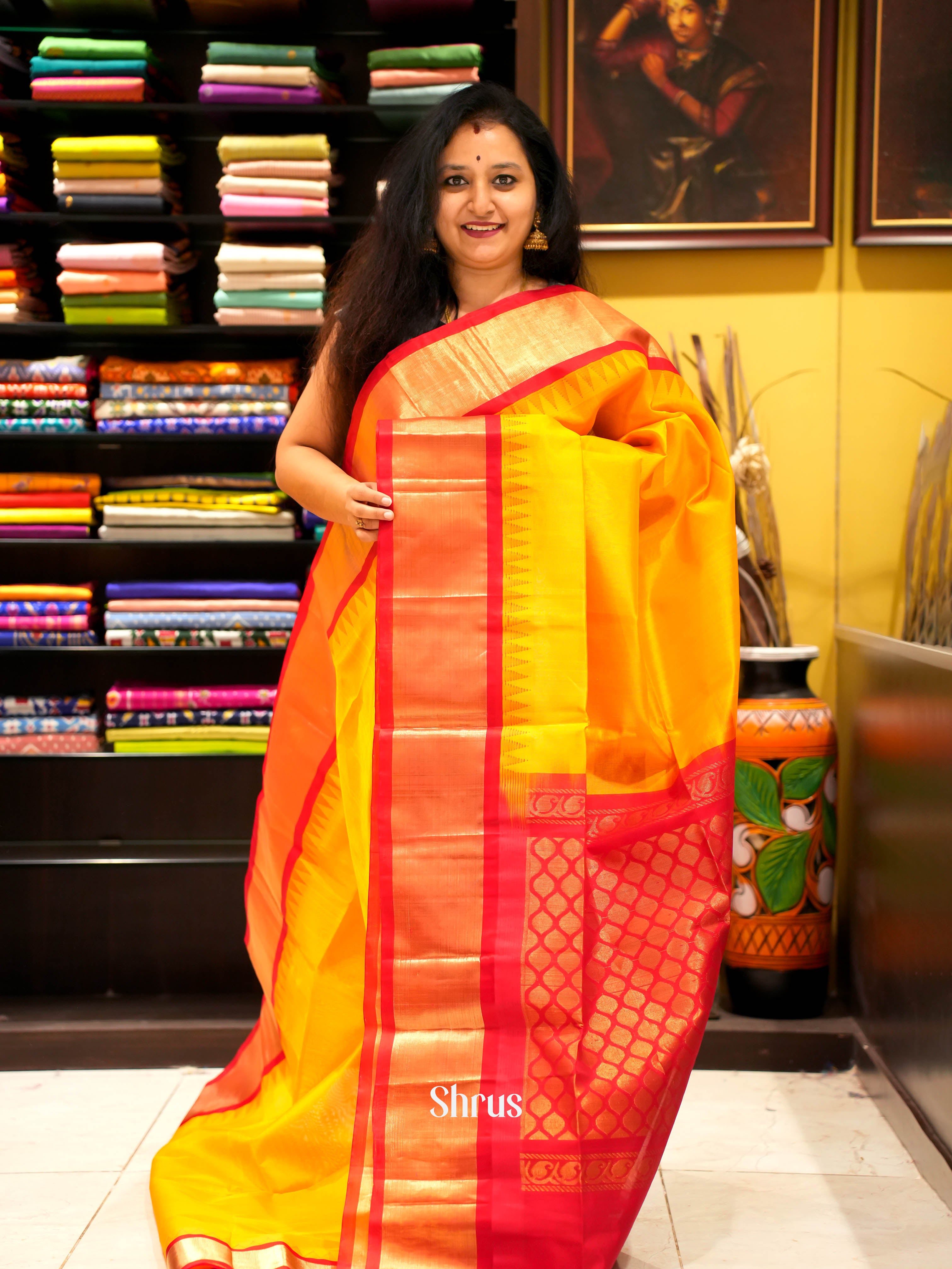 Yellow & Red - Silk Cotton Saree - Shop on ShrusEternity.com