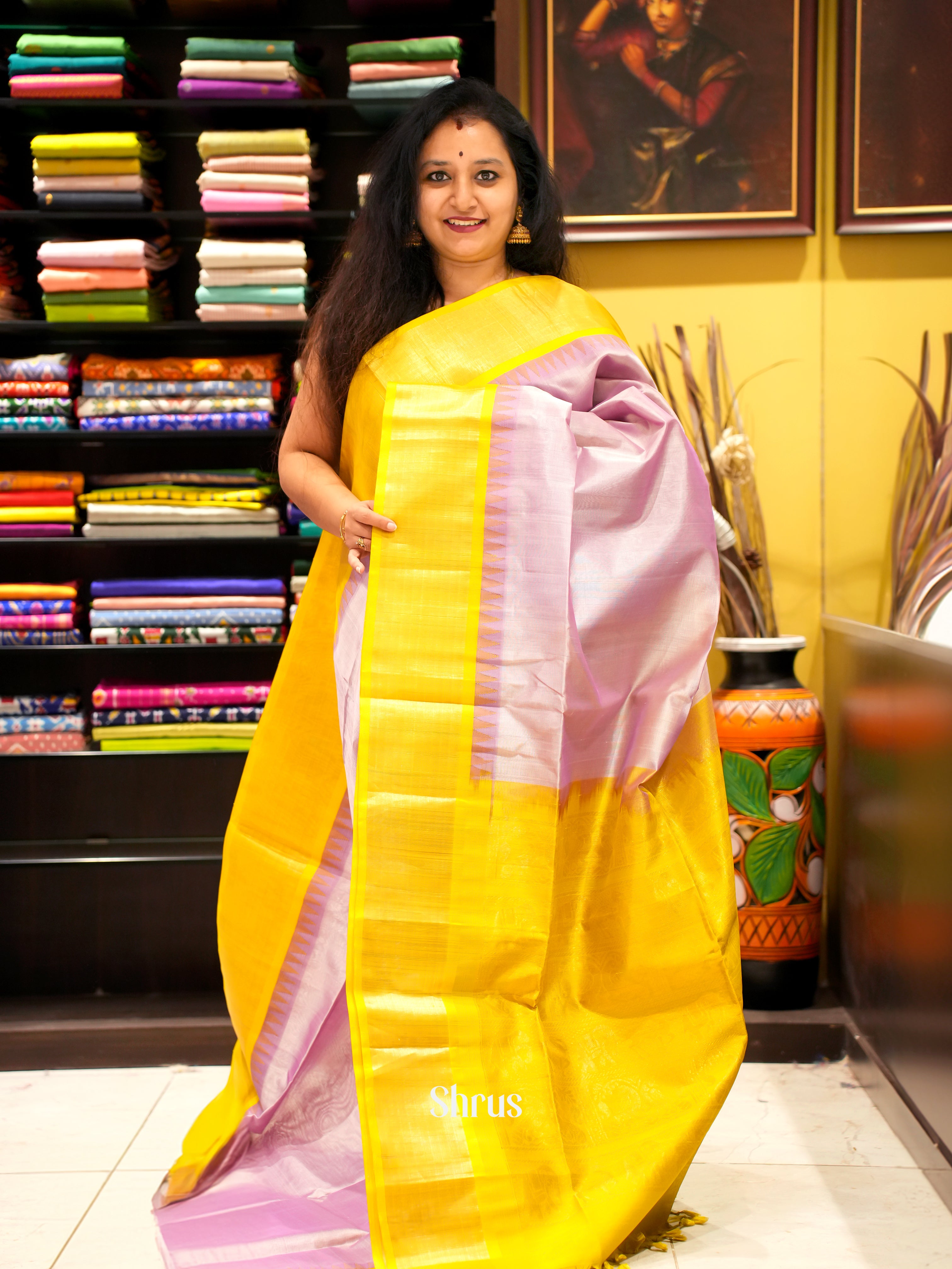 Mild Lavender & Yellow - Silk Cotton Saree - Shop on ShrusEternity.com