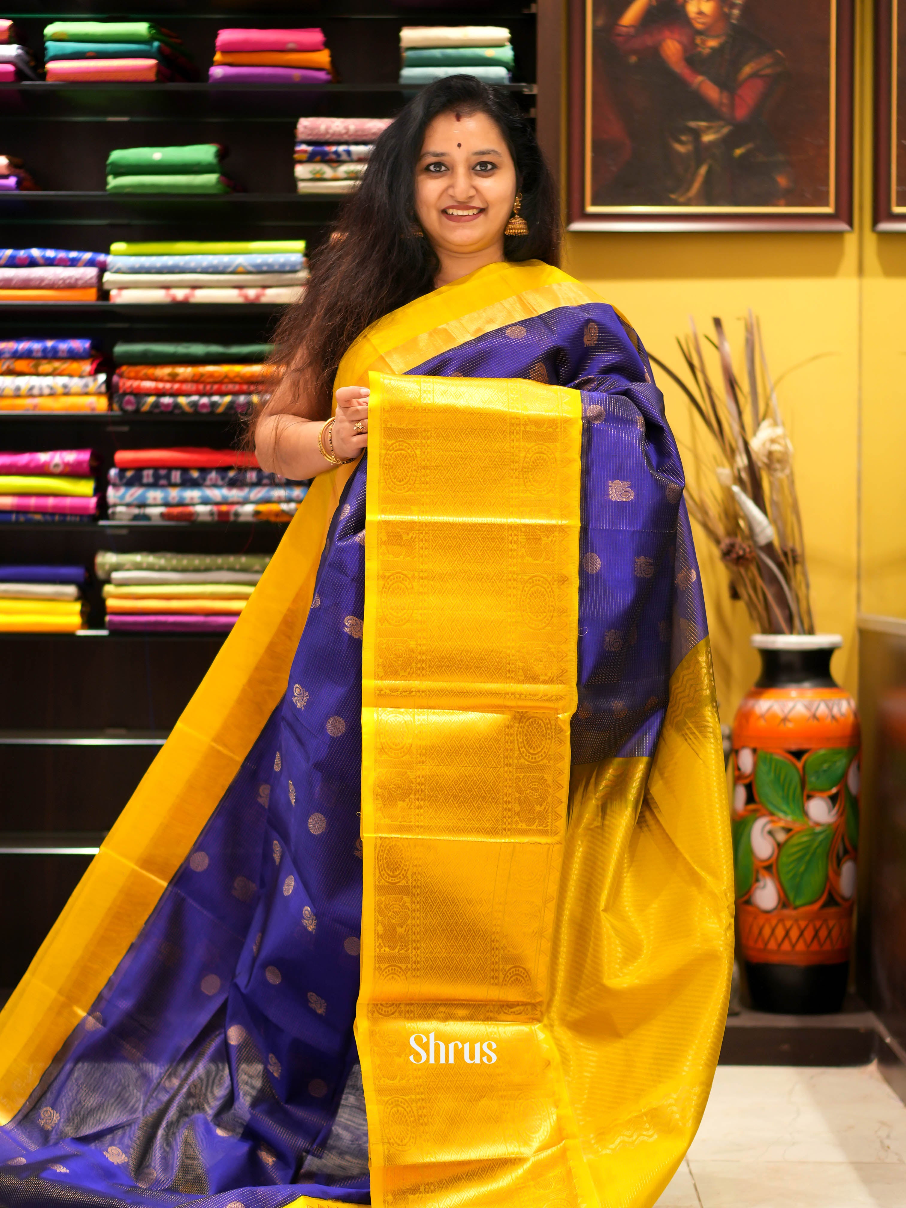 Blue & Yellow - Silk Cotton Saree - Shop on ShrusEternity.com