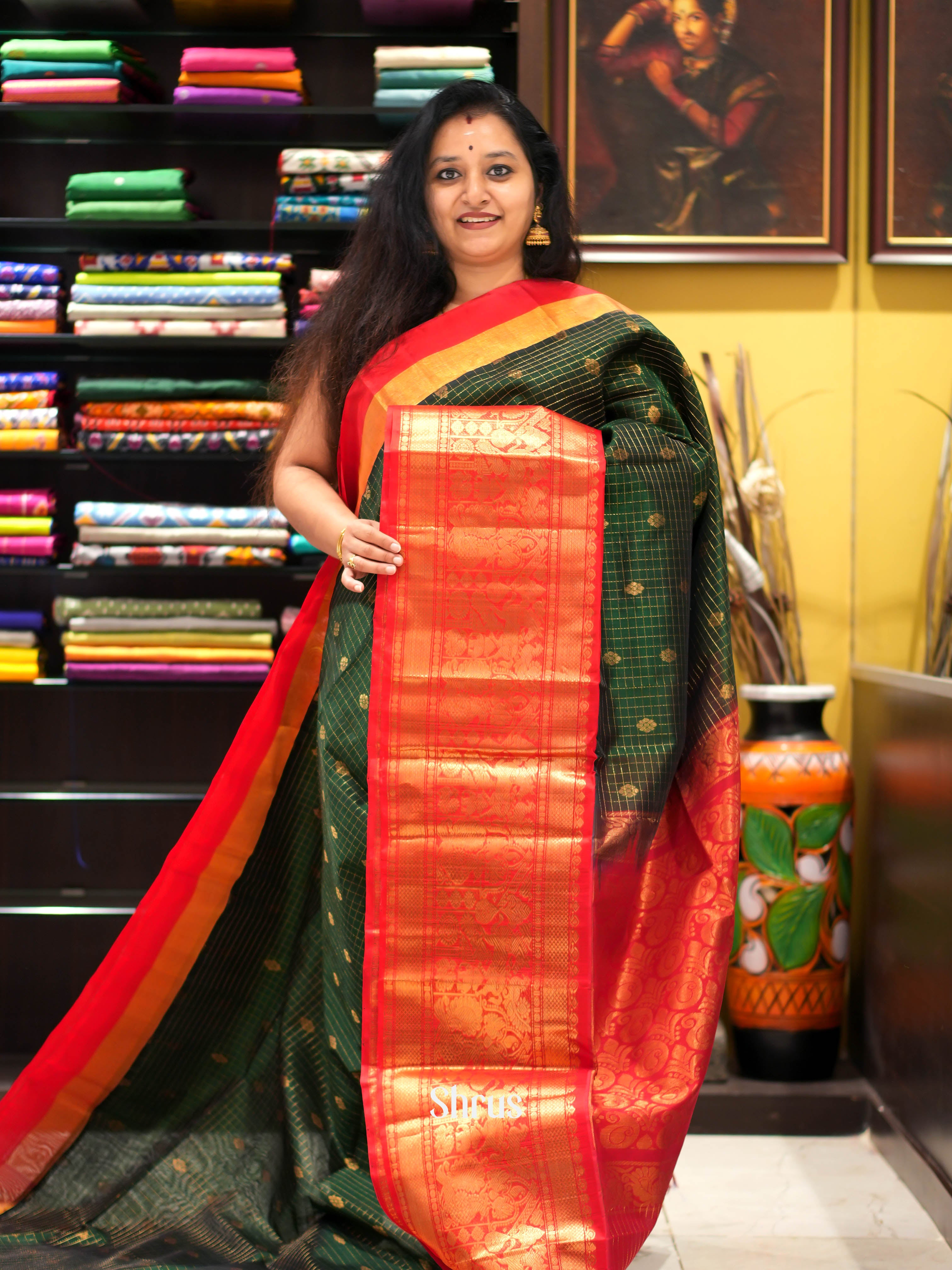 Green & Red - Silk Cotton Saree - Shop on ShrusEternity.com