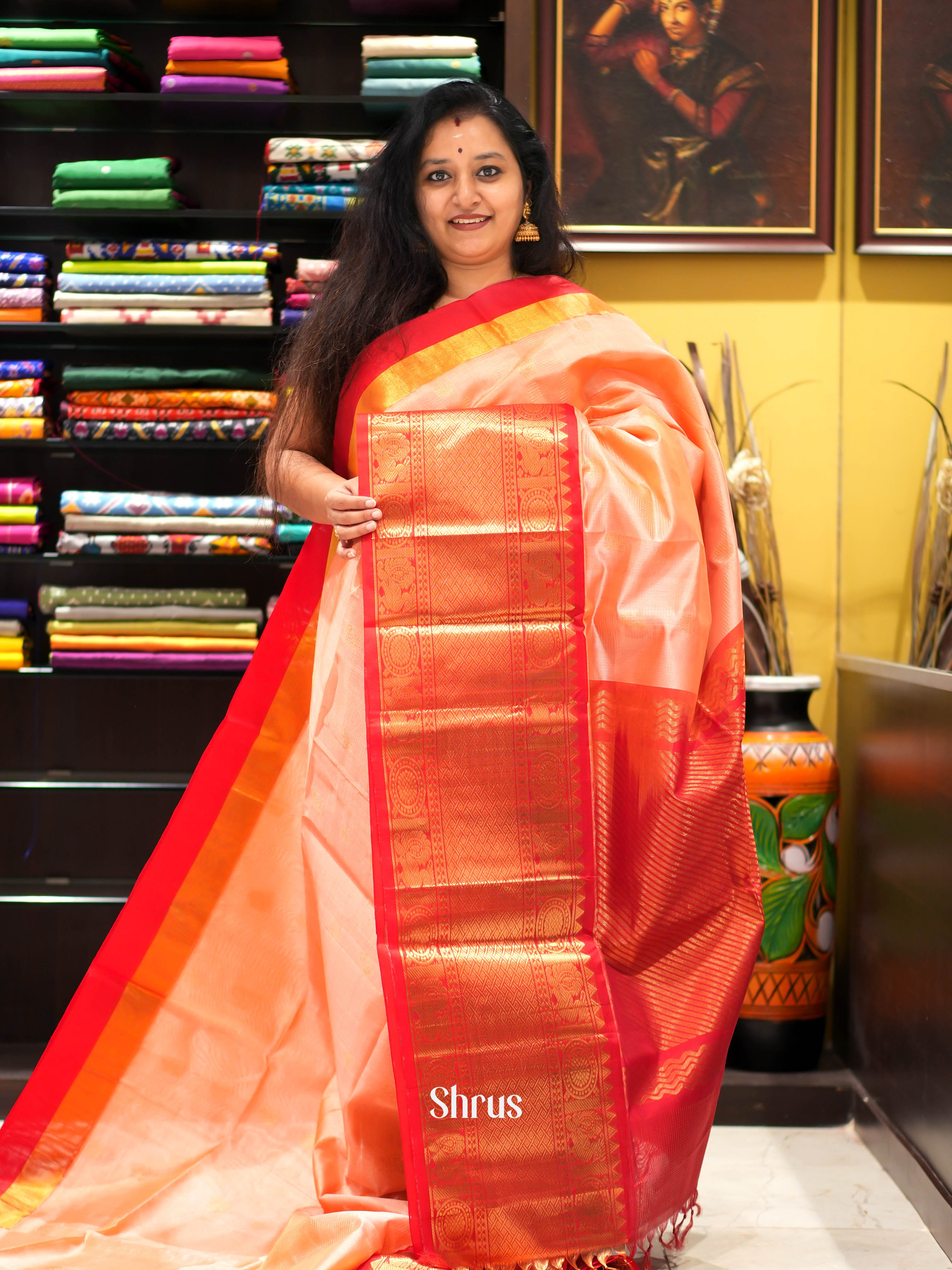Peach & Red - Silk Cotton Saree - Shop on ShrusEternity.com