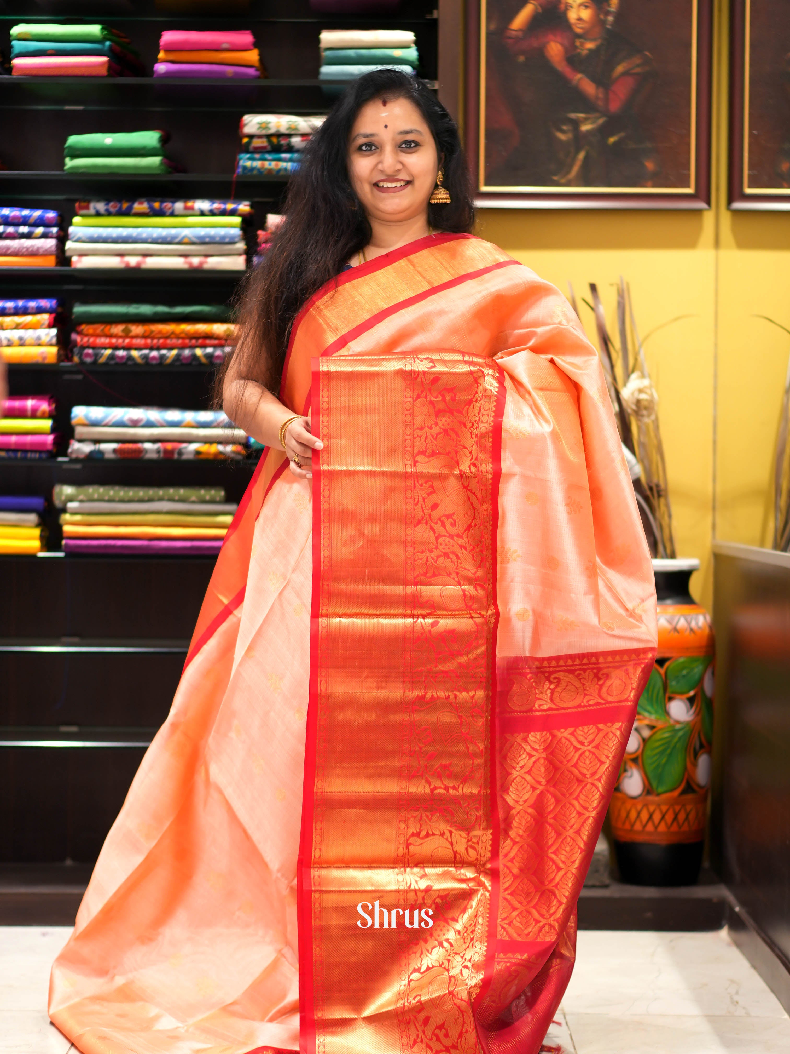 Peach & Red - Silk Cotton Saree - Shop on ShrusEternity.com