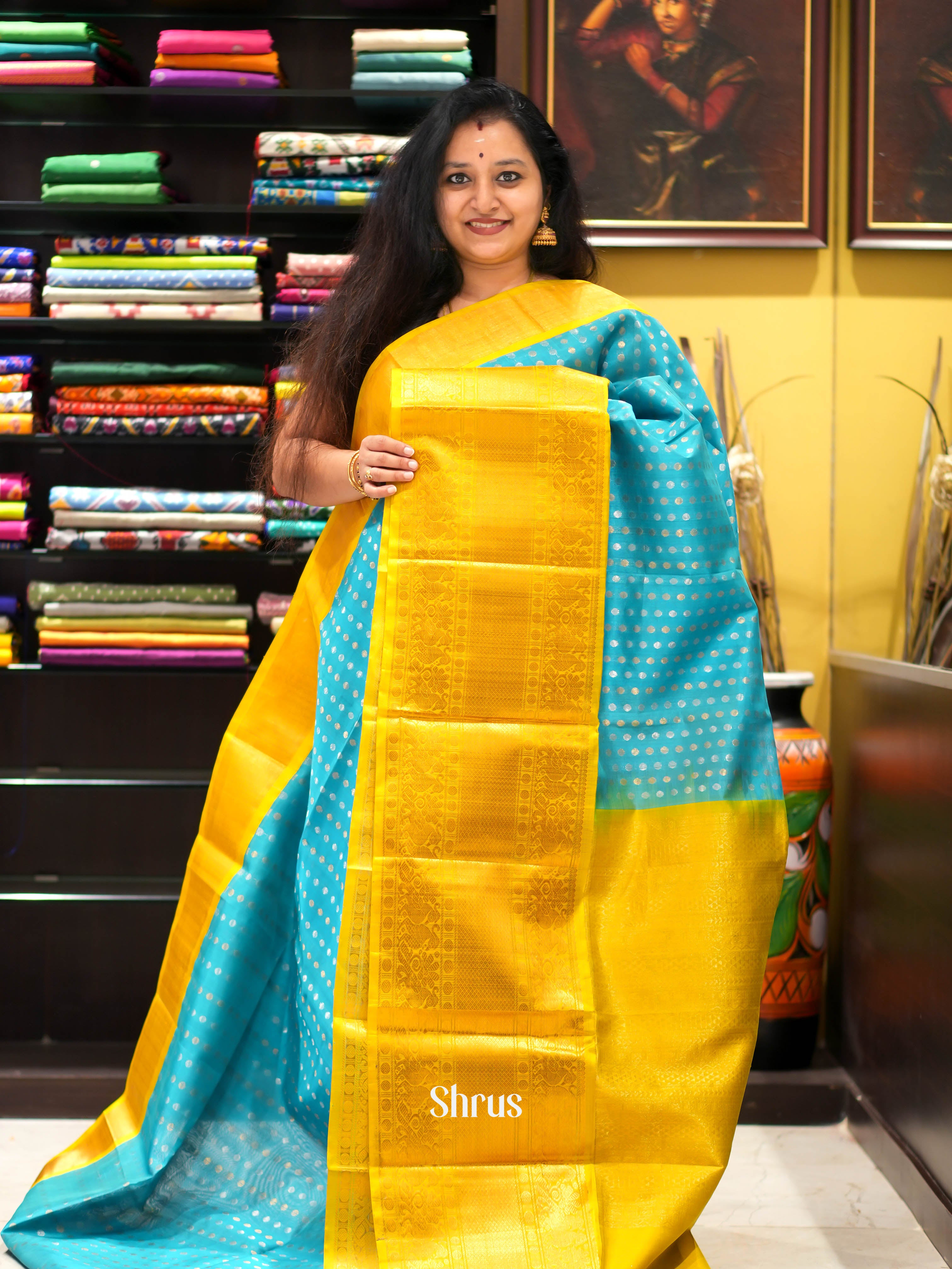 Teal & Yellow - Silk Cotton Saree - Shop on ShrusEternity.com