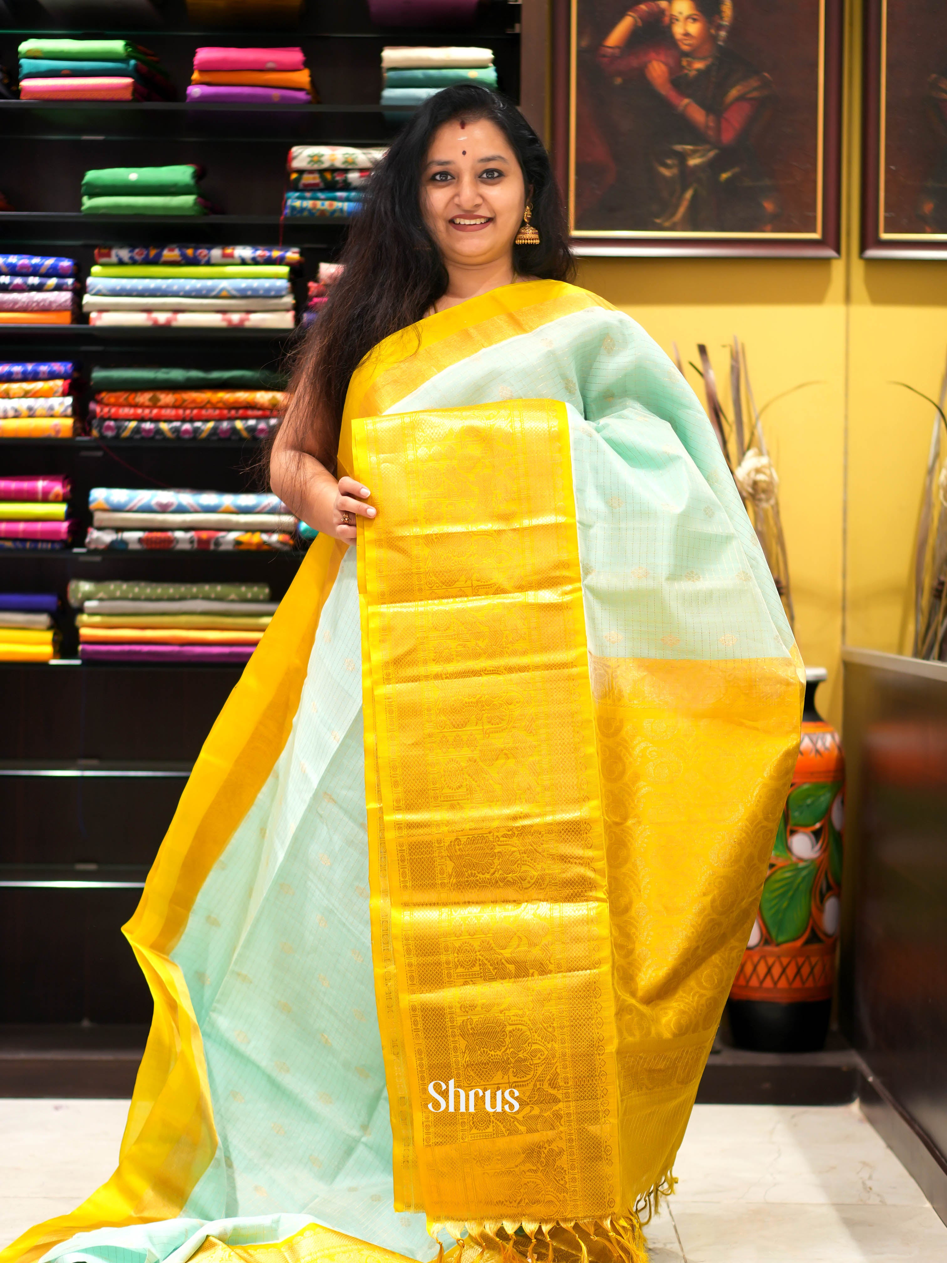 Ice Green & Yellow - Silk Cotton Saree - Shop on ShrusEternity.com