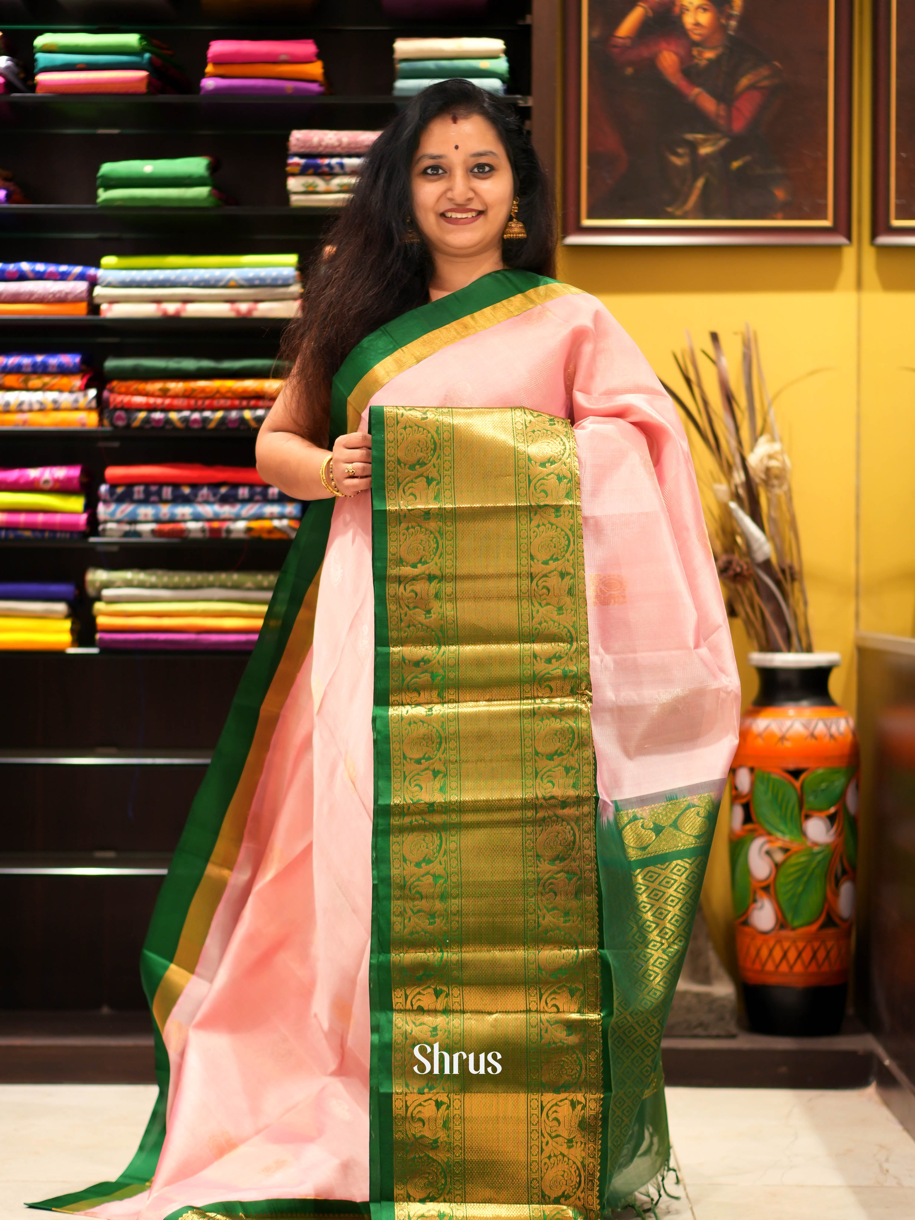 Pink & Green - Silk Cotton Saree - Shop on ShrusEternity.com