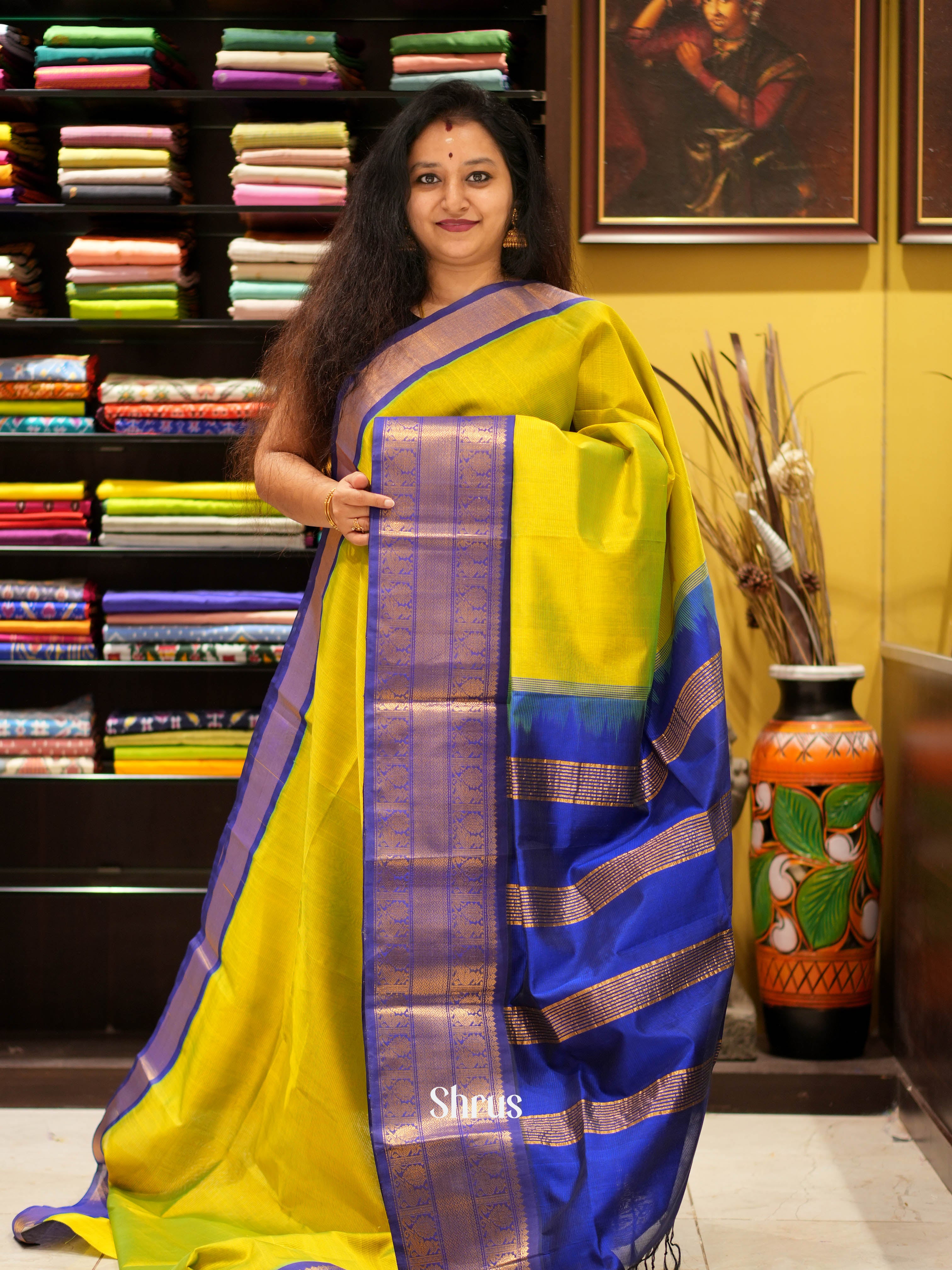 Mustardy Green & Blue - Silk Cotton Saree - Shop on ShrusEternity.com