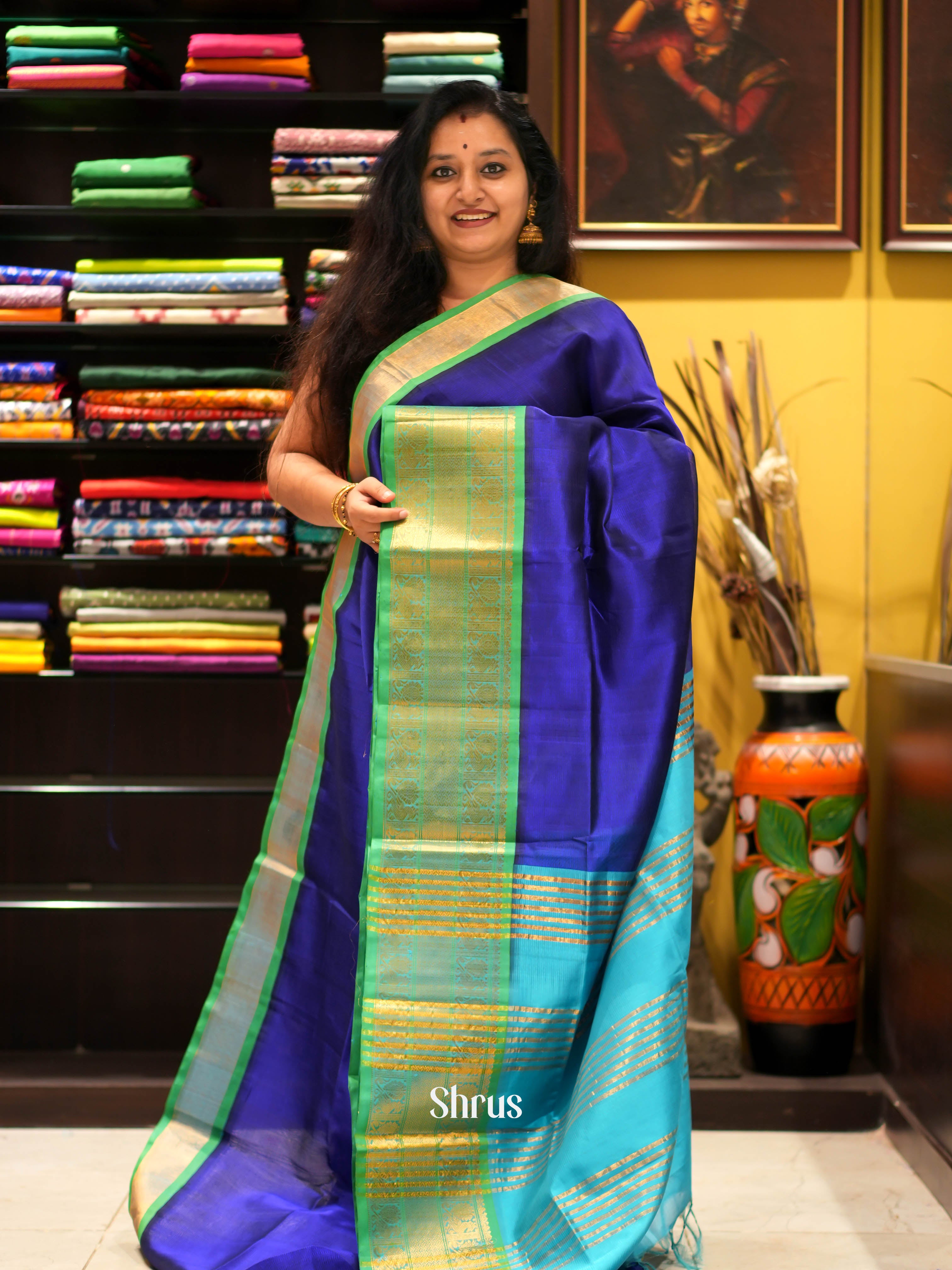 Blue & Teal - Silk Cotton Saree - Shop on ShrusEternity.com
