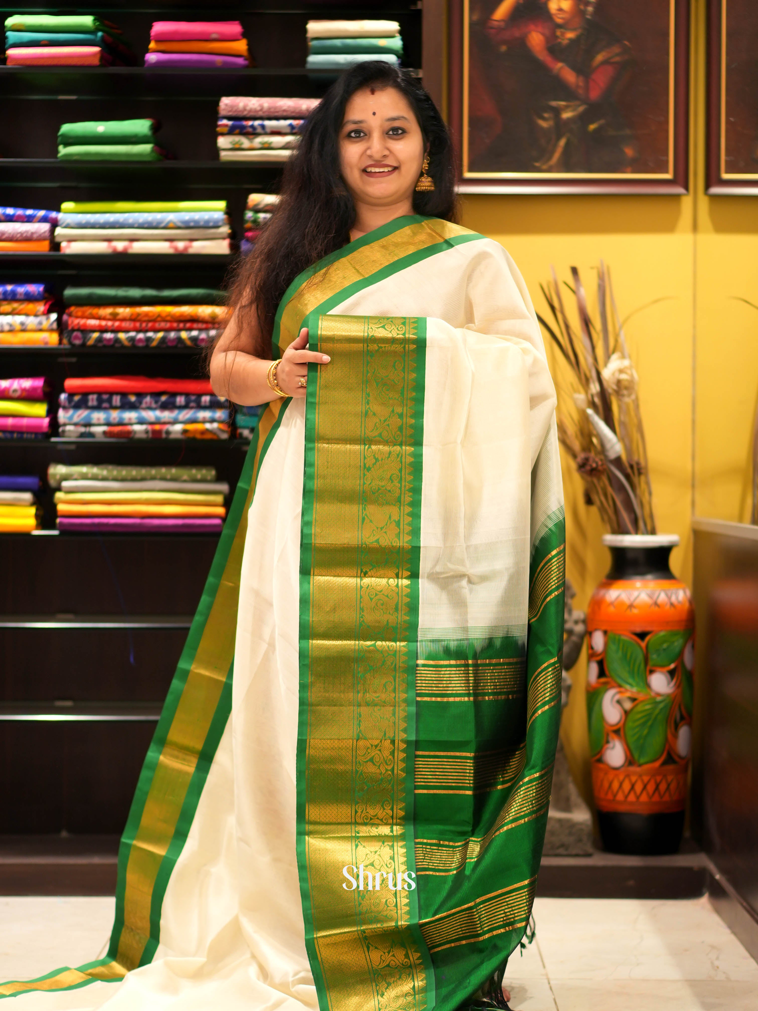 Cream & Green- Silk Cotton Saree - Shop on ShrusEternity.com