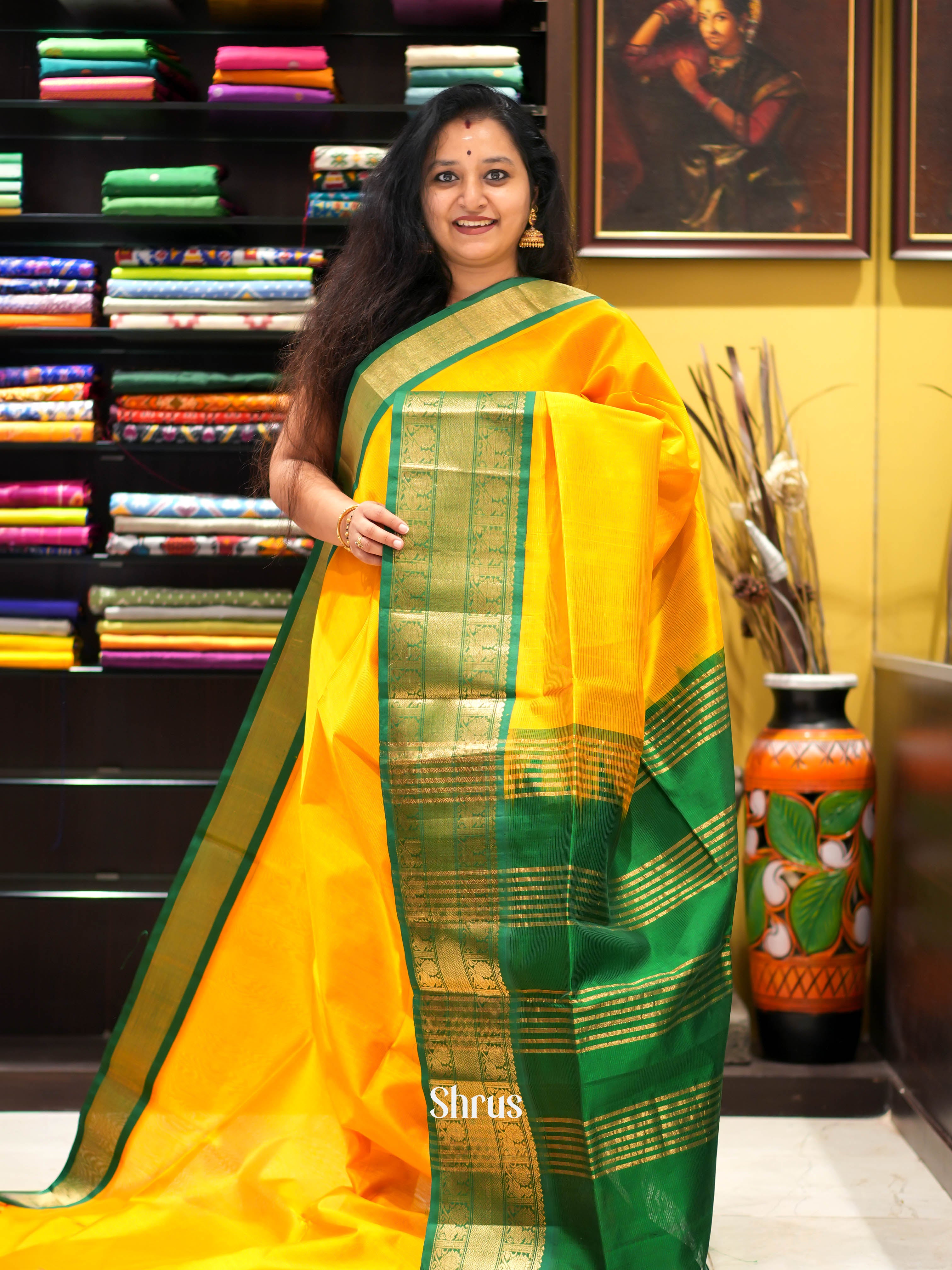 Yellow & Green - Silk Cotton Saree - Shop on ShrusEternity.com