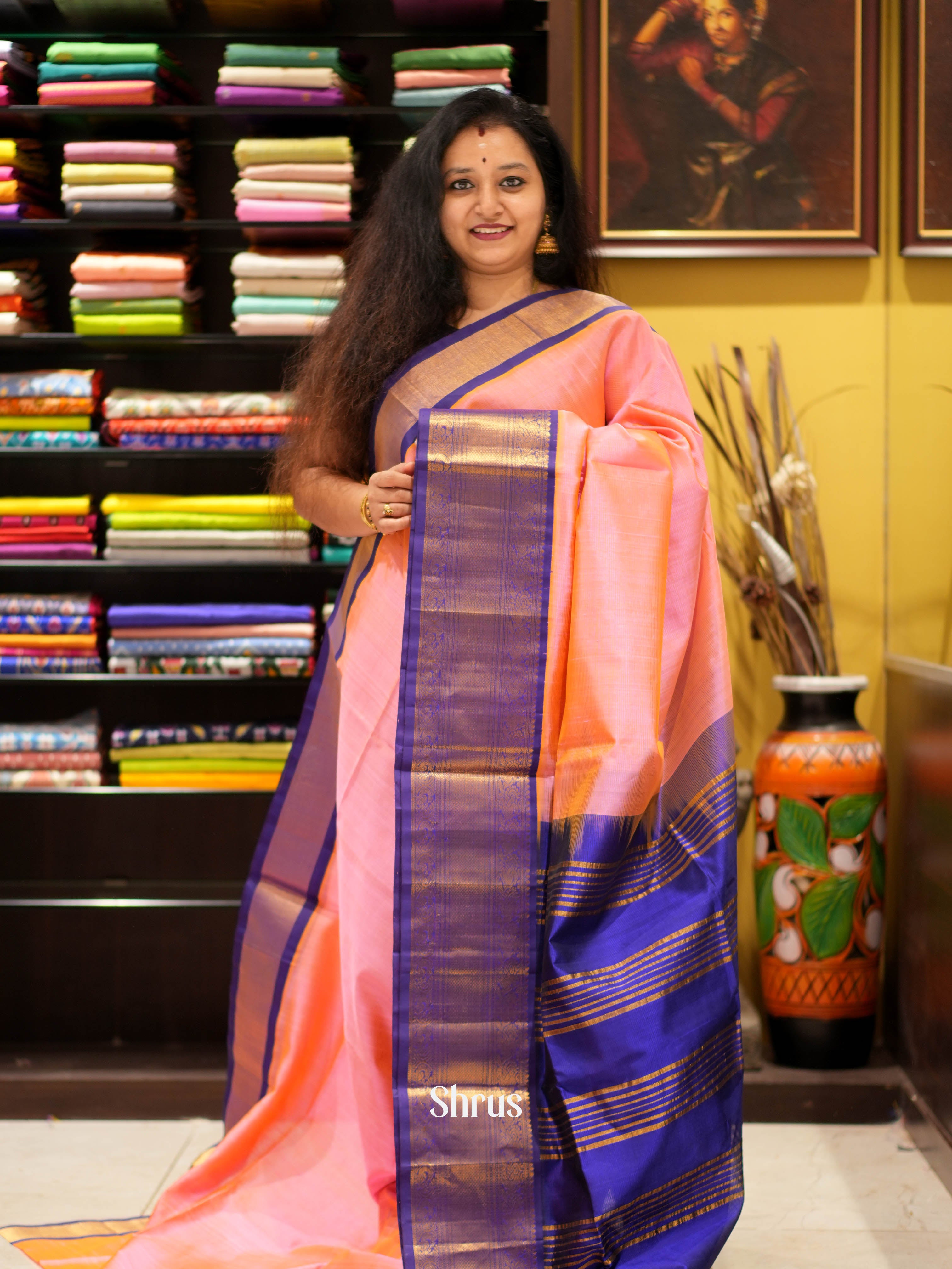 Pink & Blue - Silk Cotton Saree - Shop on ShrusEternity.com
