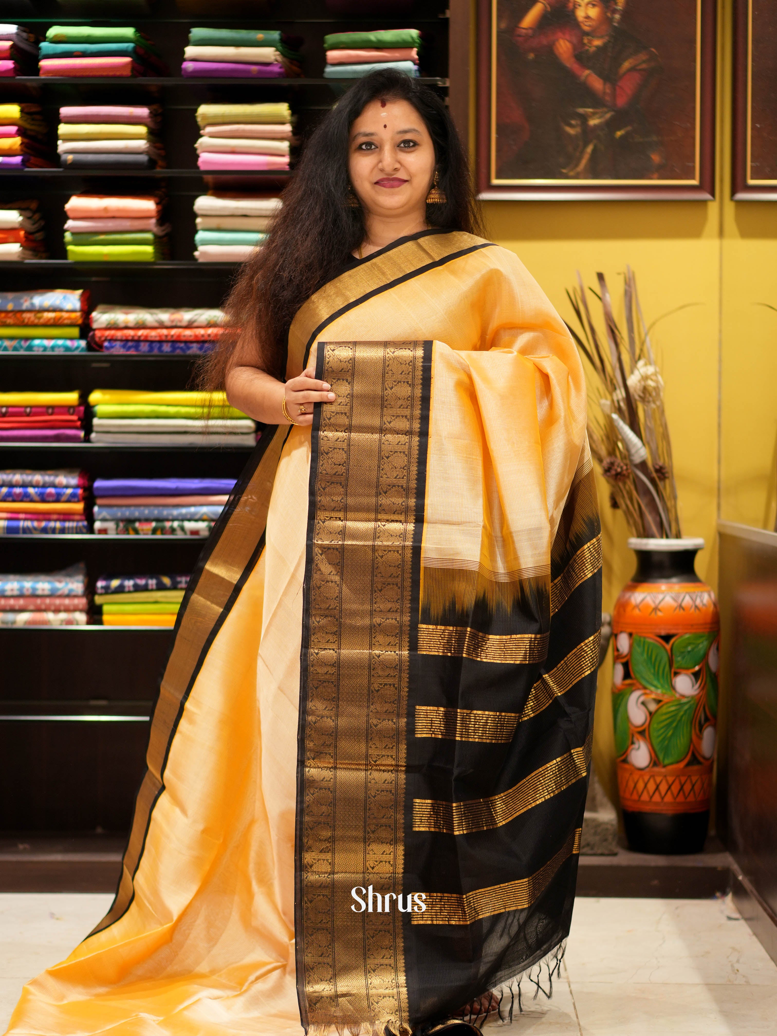 Sandal & Black - Silk Cotton Saree - Shop on ShrusEternity.com
