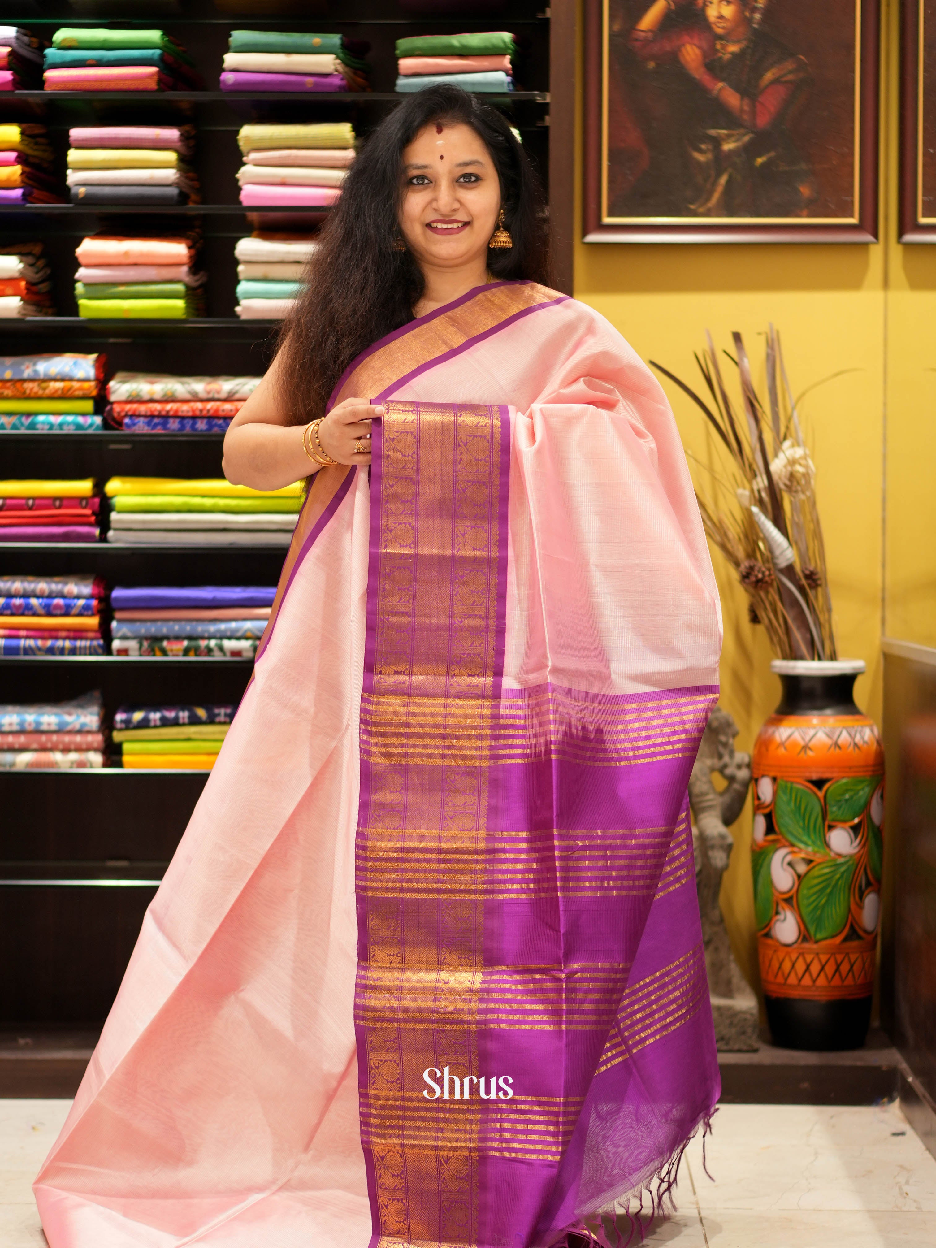 Baby Pink & Purple - Silk Cotton Saree - Shop on ShrusEternity.com