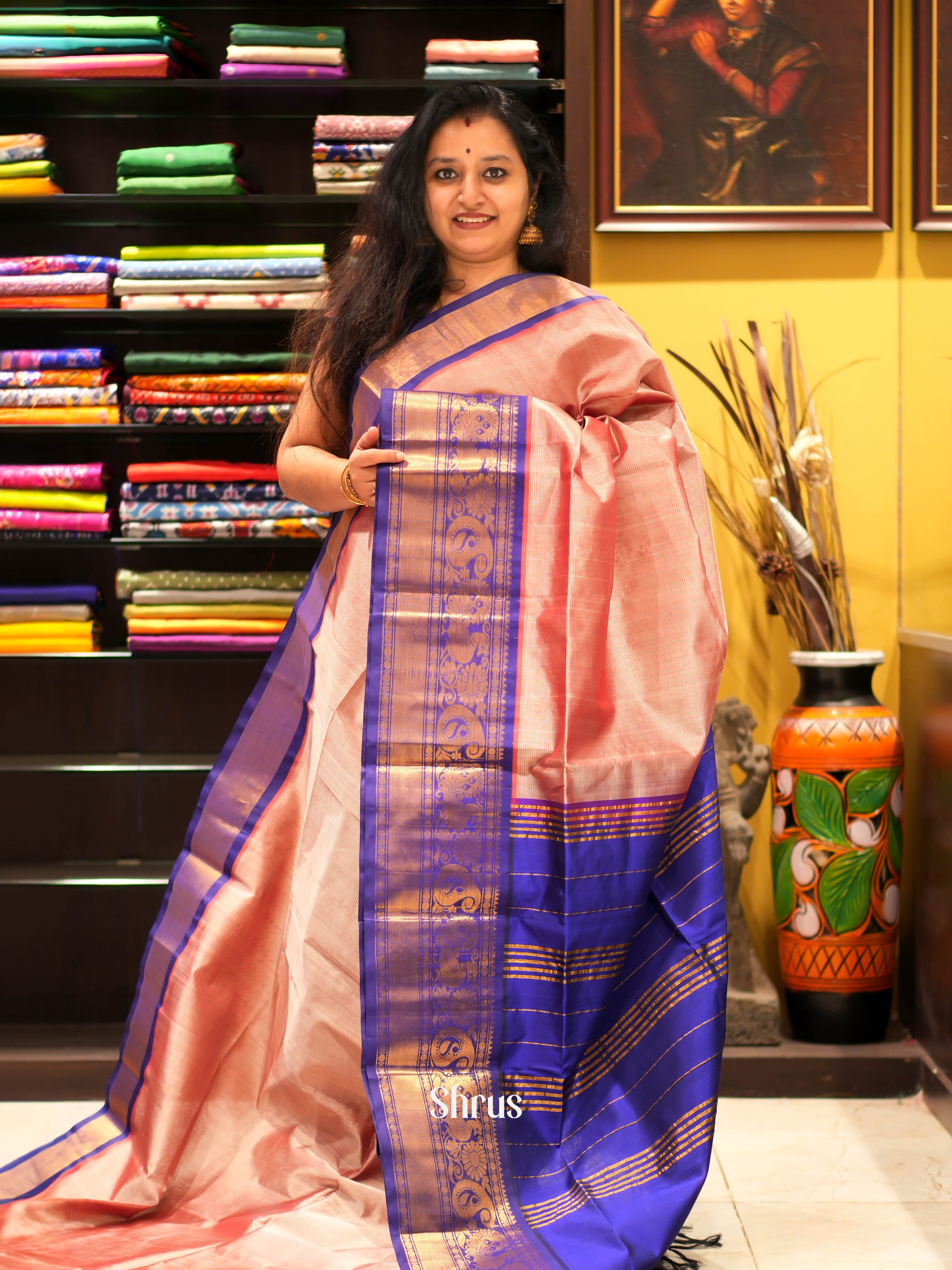 dusty Pink & Blue - Silk Cotton Saree - Shop on ShrusEternity.com