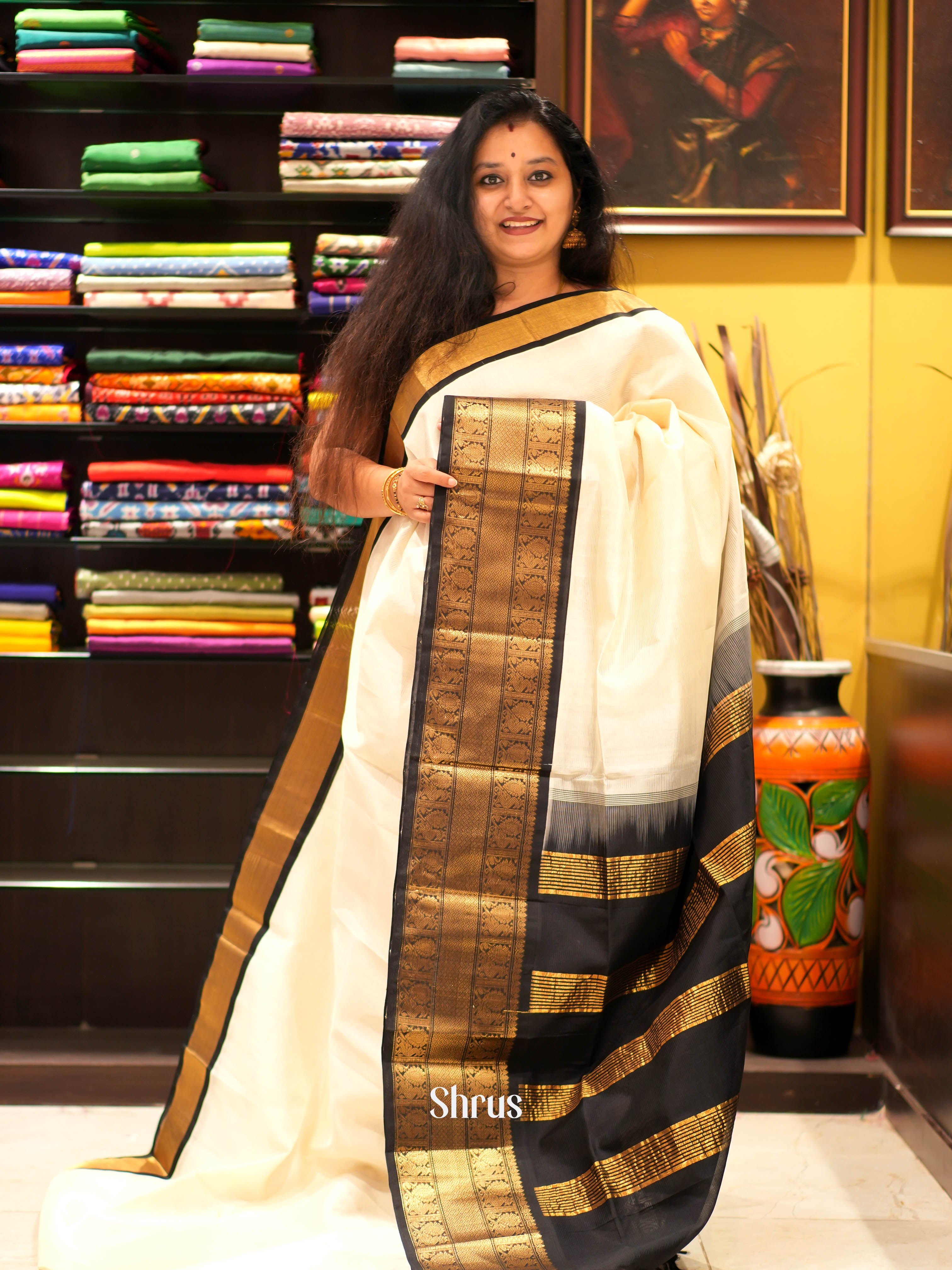 Cream & Black - Silk Cotton Saree - Shop on ShrusEternity.com