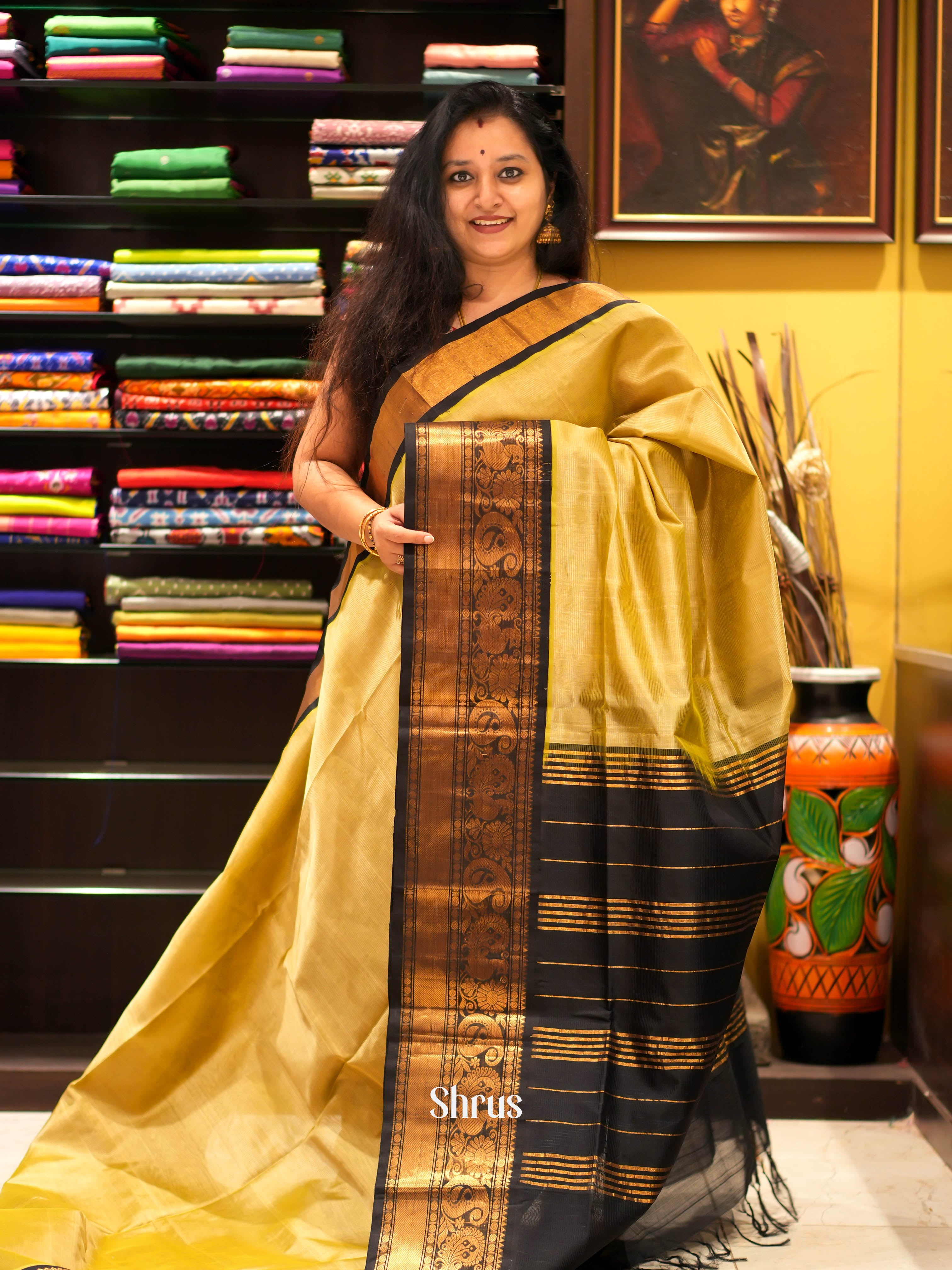 Beige & Black - Silk Cotton Saree - Shop on ShrusEternity.com