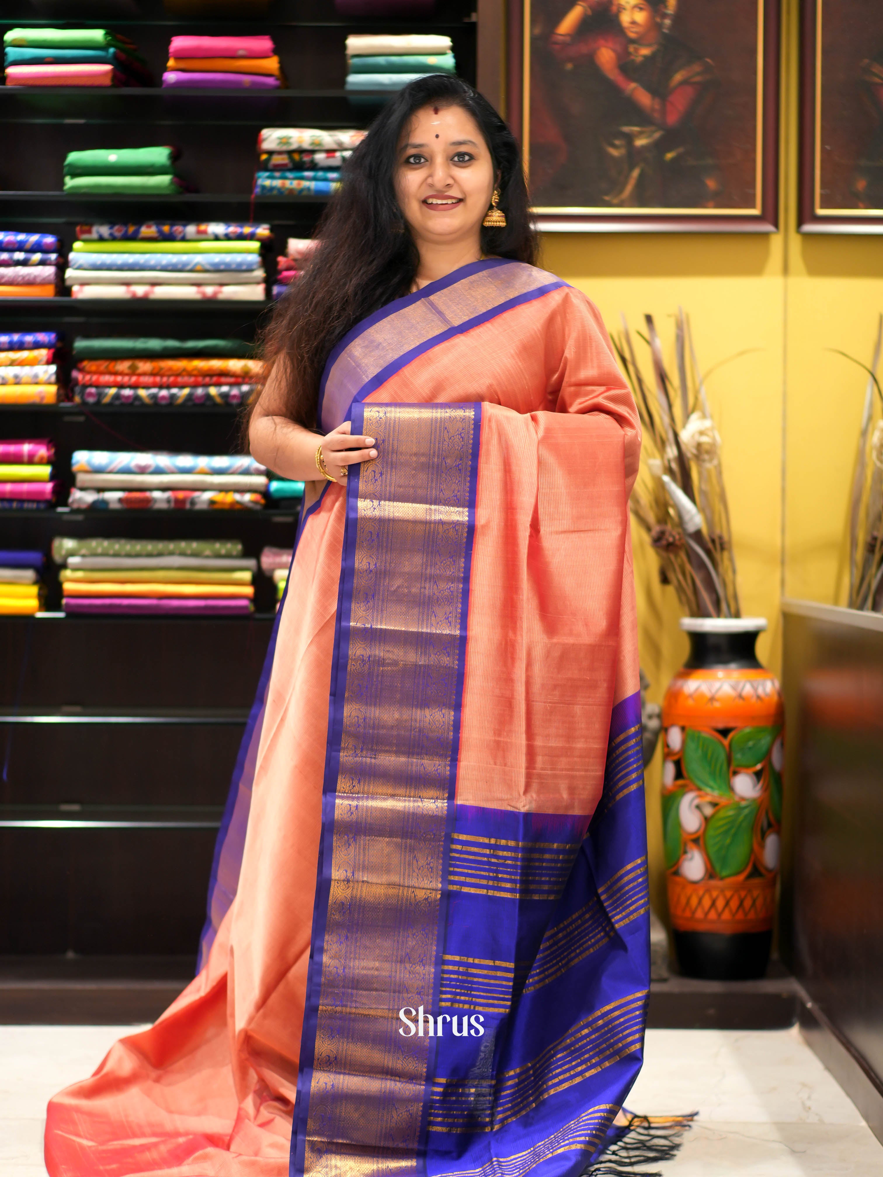 Peach & Blue - Silk Cotton Saree - Shop on ShrusEternity.com