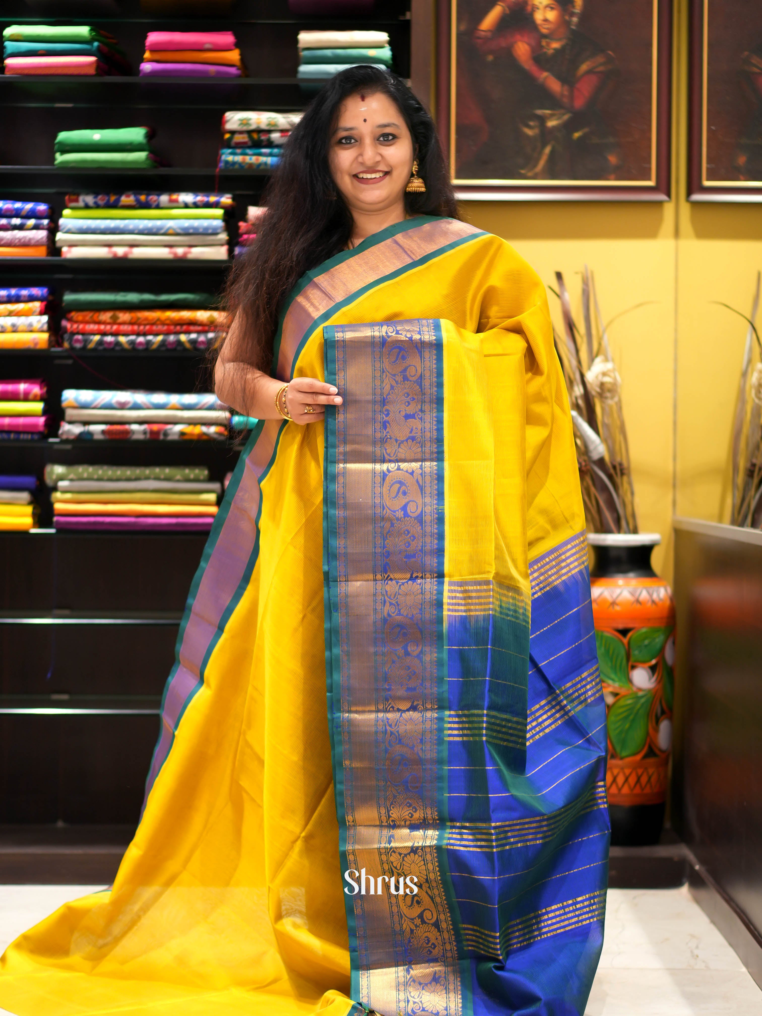 Yellow & Blue - Silk Cotton Saree - Shop on ShrusEternity.com